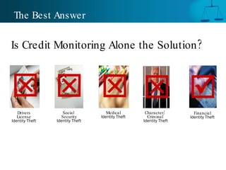The Best Answer Drivers License  Identity Theft Medical  Identity Theft Financial  Identity Theft Social  Security  Identity Theft Character/  Criminal   Identity Theft Is Credit Monitoring Alone the Solution?      