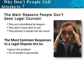 Why Don’t People Call Attorneys ?  They are intimidated by lawyers. They don’t know who to call. They believe it would cost too much. The Main Reasons People Don’t Seek Legal Counsel: The Most Common Responses  to a Legal Dispute Are to: Ignore the problem Try to handle it personally 