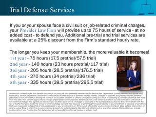 Trial Defense Services If you or your spouse face a civil suit or job-related criminal charges, your  Provider Law Firm  will provide up to 75 hours of service - at no added cost - to defend you. Additional pre-trial and trial services are available at a 25% discount from the Firm’s standard hourly rate.  The longer you keep your membership, the more valuable it becomes!  1st year  - 75 hours (17.5 pretrial/57.5 trial) 2nd year  - 140 hours (23 hours pretrial/117 trial) 3rd year  - 205 hours (28.5 pretrial/176.5 trial) 4th year  - 270 hours (34 pretrial/236 trial) 5th year  - 335 hours (39.5 pretrial/295.5 trial) Matters not covered under Plan benefits and which you may use your preferred member rate for services are: Dependents (covers member and spouse only), Bankruptcy, divorce, separation, annulment, child custody or other divorce or domestic-related matters, Charges of DUI/DWI, drug-related matters (whether prescribed or not), hit-and-run, leaving the scene of an accident, and civil or criminal charges occurring as a result of operating a commercial vehicle with more than two axles, Plan benefits apply only to charges of job-related criminal actions. Benefits do not cover instances in which you are named in a civil lawsuit or have criminal charges filed against you because you are listed as an owner, manager or associate of the business and you had no direct involvement with the act or matter that gave rise to the lawsuit or criminal charge, Lawsuits filed because of something that occurred prior to your enrollment or because of conditions that were reasonably anticipated or foreseeable prior to your enrollment (even if the lawsuit is filed after you become a member), Class actions, interventions or amicus curiae filings in which the covered member is a party (or potential party), Garnishment, attachment or any other appeal, Claims, defenses, or legal positions which your Provider Law Firm determines will not prevail in court or are frivolous or without merit.  