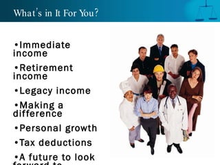 What’s in It For You? Immediate income Retirement income Legacy income Making a difference Personal growth Tax deductions A future to look forward to 