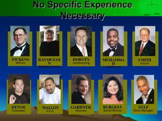 SMITH Grocer MUHAMMAD BellSouth DORSEY Landscaping RASMUSSEN Business Owner SELF Store Manager No Specific Experience Necessary PICKENS Military GARDNER Attorney BURGESS Social Worker MALLOY G.E.D. DENNE Custodian 