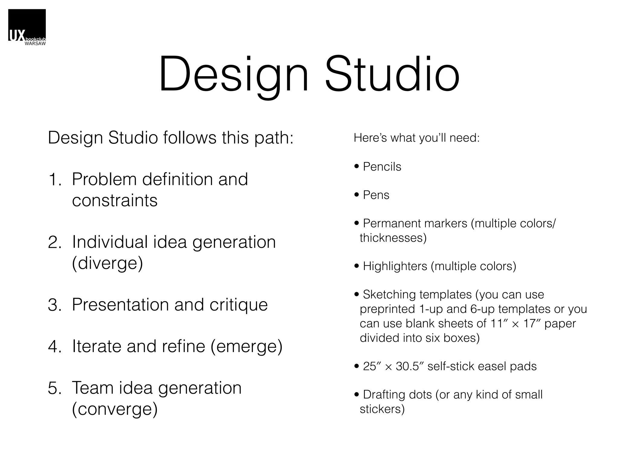 Design Studio
Design Studio follows this path:
1. Problem deﬁnition and
constraints
2. Individual idea generation
(diverge)
3. Presentation and critique
4. Iterate and reﬁne (emerge)
5. Team idea generation
(converge)
Here’s what you’ll need:
• Pencils
• Pens
• Permanent markers (multiple colors/
thicknesses)
• Highlighters (multiple colors)
• Sketching templates (you can use
preprinted 1-up and 6-up templates or you
can use blank sheets of 11″ × 17″ paper
divided into six boxes)
• 25″ × 30.5″ self-stick easel pads
• Drafting dots (or any kind of small
stickers)
 
