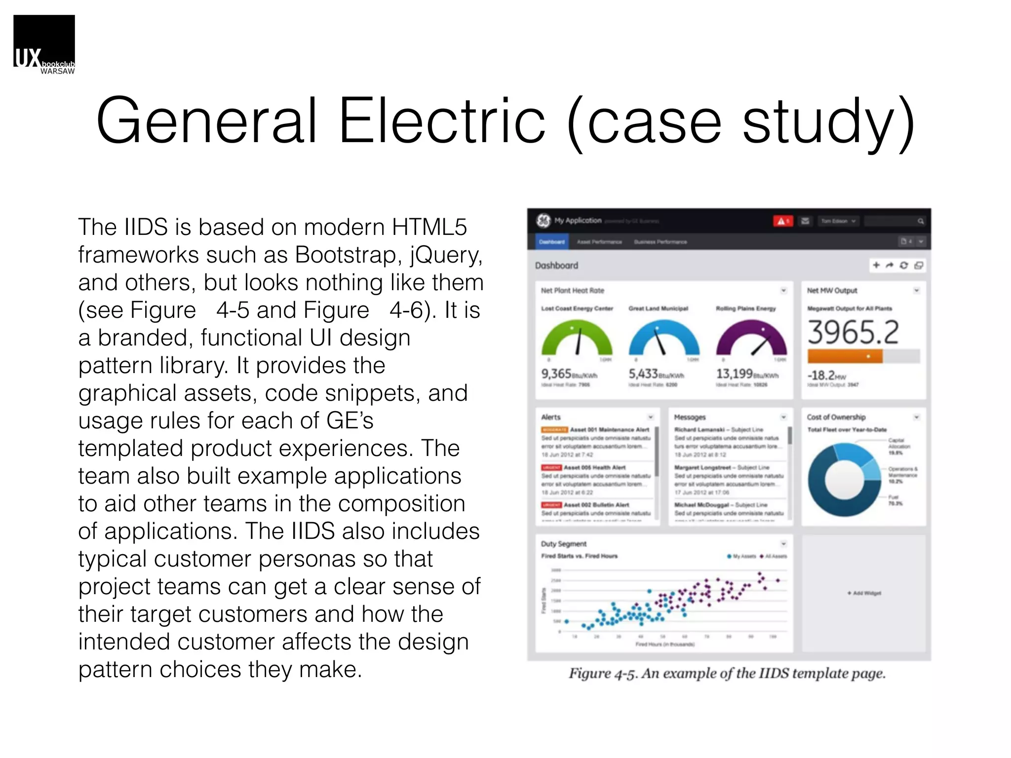 General Electric (case study)
The IIDS is based on modern HTML5
frameworks such as Bootstrap, jQuery,
and others, but looks nothing like them
(see Figure   4-5 and Figure   4-6). It is
a branded, functional UI design
pattern library. It provides the
graphical assets, code snippets, and
usage rules for each of GE’s
templated product experiences. The
team also built example applications
to aid other teams in the composition
of applications. The IIDS also includes
typical customer personas so that
project teams can get a clear sense of
their target customers and how the
intended customer affects the design
pattern choices they make.
 