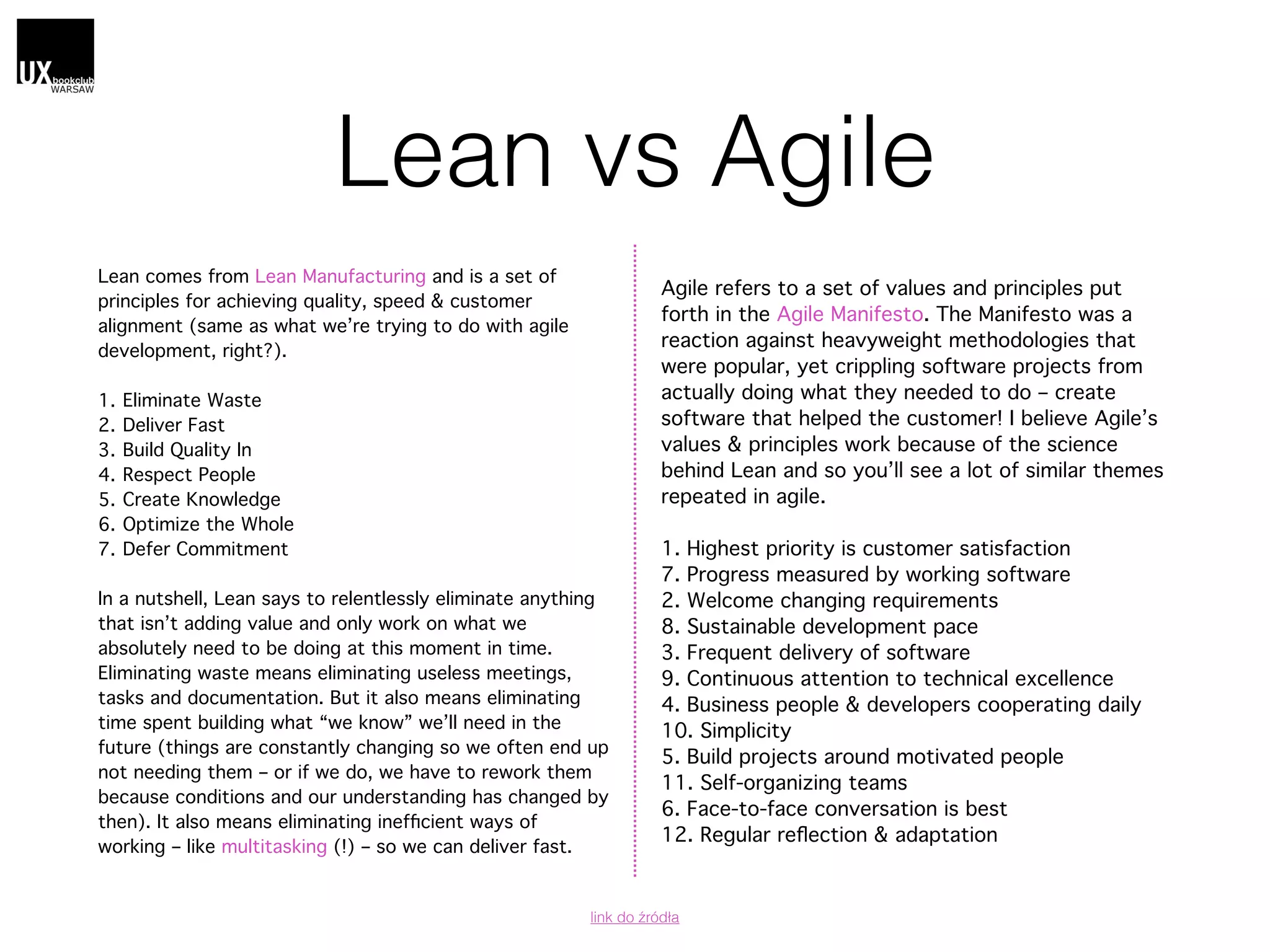 Agile refers to a set of values and principles put
forth in the Agile Manifesto. The Manifesto was a
reaction against heavyweight methodologies that
were popular, yet crippling software projects from
actually doing what they needed to do – create
software that helped the customer! I believe Agile’s
values & principles work because of the science
behind Lean and so you’ll see a lot of similar themes
repeated in agile.
1. Highest priority is customer satisfaction
7. Progress measured by working software
2. Welcome changing requirements
8. Sustainable development pace
3. Frequent delivery of software
9. Continuous attention to technical excellence
4. Business people & developers cooperating daily
10. Simplicity
5. Build projects around motivated people
11. Self-organizing teams
6. Face-to-face conversation is best
12. Regular reﬂection & adaptation
Lean vs Agile
Lean comes from Lean Manufacturing and is a set of
principles for achieving quality, speed & customer
alignment (same as what we’re trying to do with agile
development, right?).
1. Eliminate Waste
2. Deliver Fast
3. Build Quality In
4. Respect People
5. Create Knowledge
6. Optimize the Whole
7. Defer Commitment
In a nutshell, Lean says to relentlessly eliminate anything
that isn’t adding value and only work on what we
absolutely need to be doing at this moment in time.
Eliminating waste means eliminating useless meetings,
tasks and documentation. But it also means eliminating
time spent building what “we know” we’ll need in the
future (things are constantly changing so we often end up
not needing them – or if we do, we have to rework them
because conditions and our understanding has changed by
then). It also means eliminating inefﬁcient ways of
working – like multitasking (!) – so we can deliver fast.
link do źródła
 