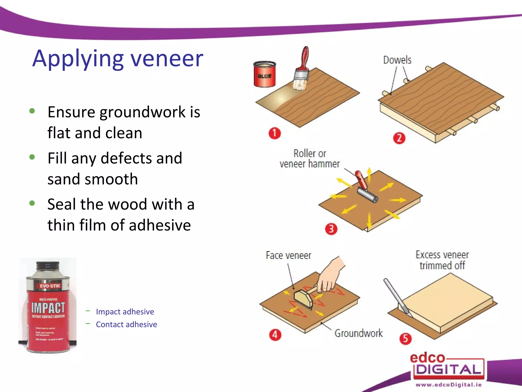 Applying veneer
• Ensure groundwork is
flat and clean
• Fill any defects and
sand smooth
• Seal the wood with a
thin film of adhesive

− Impact adhesive
− Contact adhesive

 