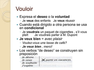 VouloirExpresa el deseo o la voluntadJe veux des enfants	Je veuxréussirCuando está dirigido a otra persona se usa en condicionalJe voudrais un paquet de cigarettes , s’ilvousplaît	Je voudraisparler à M. DupontJe veux bien = avecplaisirVoulez-vous une tasse de café?Je veux bien , merci!Los verbos “de deseo” se construyen sin preposición..