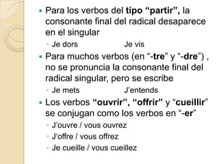 Para los verbos del tipo “partir”, la consonante final del radical desaparece en el singularJe dors			Je visPara muchos verbos (en “-tre” y “-dre”) , no se pronuncia la consonante final del radical singular, pero se escribeJe metsJ’entendsLos verbos “ouvrir”, “offrir” y “cueillir” se conjugan como los verbos en “-er”J’ouvre / vousouvrezJ‘offre / vousoffrezJe cueille / vouscueillez