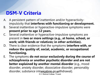A. A persistent pattern of inattention and/or hyperactivity-
impulsivity that interferes with functioning or development.
B. Several inattentive or hyperactive-impulsive symptoms were
present prior to age 12 years.
C. Several inattentive or hyperactive-impulsive symptoms are
present in two or more settings (e.g., at home, school, or
work; with friends or relatives; in other activities).
D. There is clear evidence that the symptoms interfere with, or
reduce the quality of, social, academic, or occupational
functioning.
E. The symptoms do not occur exclusively during the course of
schizophrenia or another psychotic disorder and are not
better explained by another mental disorder (e.g., mood
disorder, anxiety disorder, dissociative disorder, personality
disorder, substance intoxication or withdrawal).
DSM-V Criteria
Dr Naveen Kumar Cheri
S.V. Medical College, Tirupati
 