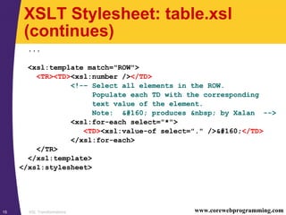 XSL Transformations15 www.corewebprogramming.com
XSLT Stylesheet: table.xsl
(continues)
...
<xsl:template match="ROW">
<TR><TD><xsl:number /></TD>
<!-– Select all elements in the ROW.
Populate each TD with the corresponding
text value of the element.
Note:   produces &nbsp; by Xalan -->
<xsl:for-each select="*">
<TD><xsl:value-of select="." /> </TD>
</xsl:for-each>
</TR>
</xsl:template>
</xsl:stylesheet>
 