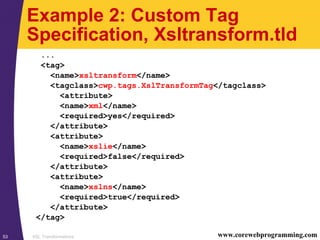 XSL Transformations53 www.corewebprogramming.com
Example 2: Custom Tag
Specification, Xsltransform.tld
...
<tag>
<name>xsltransform</name>
<tagclass>cwp.tags.XslTransformTag</tagclass>
<attribute>
<name>xml</name>
<required>yes</required>
</attribute>
<attribute>
<name>xslie</name>
<required>false</required>
</attribute>
<attribute>
<name>xslns</name>
<required>true</required>
</attribute>
</tag>
 