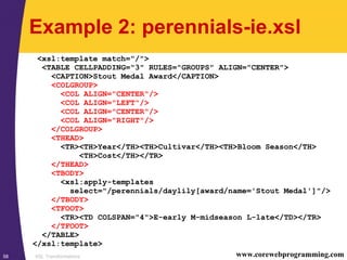 XSL Transformations58 www.corewebprogramming.com
Example 2: perennials-ie.xsl
<xsl:template match="/">
<TABLE CELLPADDING="3" RULES="GROUPS" ALIGN="CENTER">
<CAPTION>Stout Medal Award</CAPTION>
<COLGROUP>
<COL ALIGN="CENTER"/>
<COL ALIGN="LEFT"/>
<COL ALIGN="CENTER"/>
<COL ALIGN="RIGHT"/>
</COLGROUP>
<THEAD>
<TR><TH>Year</TH><TH>Cultivar</TH><TH>Bloom Season</TH>
<TH>Cost</TH></TR>
</THEAD>
<TBODY>
<xsl:apply-templates
select="/perennials/daylily[award/name='Stout Medal']"/>
</TBODY>
<TFOOT>
<TR><TD COLSPAN="4">E-early M-midseason L-late</TD></TR>
</TFOOT>
</TABLE>
</xsl:template>
 