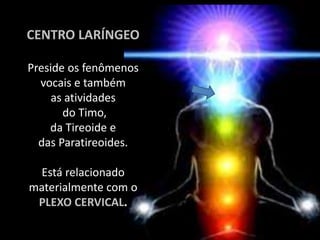 CENTRO LARÍNGEO
Preside os fenômenos
vocais e também
as atividades
do Timo,
da Tireoide e
das Paratireoides.
Está relacionado
materialmente com o
PLEXO CERVICAL.
 