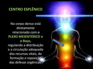 CENTRO ESPLÊNICO
No corpo denso está
diretamente
relacionado com o
PLEXO MESENTÉRICO e
o Baço,
regulando a distribuição
e a circulação adequada
dos recursos vitais, da
formação e reposição
das defesas orgânicas.
 