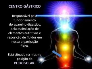 CENTRO GÁSTRICO
Responsável pelo
funcionamento
do aparelho digestivo,
pela assimilação de
elementos nutritivos e
reposição de fluidos em
nossa organização
física.
Está situado na mesma
posição do
PLEXO SOLAR.
 