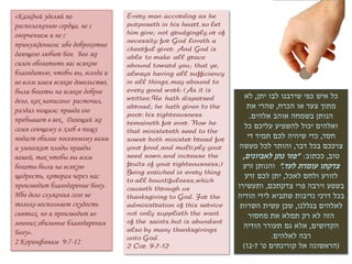 «Каждый уделяй по                 Every man according as he
расположению сердца, не с         purposeth in his heart, so let
огорчением и не с                 him give; not grudgingly, or of
                                  necessity: for God loveth a
принуждением; ибо доброхотно
                                  cheerful giver. And God is
дающего любит Бог. Бог же         able to make all grace
силен обогатить вас всякою        abound toward you; that ye,
благодатью, чтобы вы, всегда и    always having all sufficiency
во всем имея всякое довольство,   in all things, may abound to
были богаты на всякое доброе      every good work: (As it is
                                  written, He hath dispersed           ‫כל איש כפי שידבנו לבו יתן, לא‬
дело, как написано: расточил,
раздал нищим; правда его
                                  abroad; he hath given to the          ‫מתוך צער או הכרח, שהרי את‬
                                  poor: his righteousness                .‫הנותן בשמחה אוהב אלהים‬
пребывает в век. Дающий же        remaineth for ever. Now he
семя сеющему и хлеб в пищу                                             ‫ואלהים יכול להשפיע עליכם כל‬
                                  that ministereth seed to the
подаст обилие посеянному вами     sower both minister bread for         ‫חסד, כדי שיהיה לכם תמיד די‬
и умножит плоды правды            your food, and multi ply your      ‫צרככם בכל דבר, והותר לכל מעשה‬
вашей, так чтобы вы всем          seed sown, and increase the         ,‫טוב, ככתוב: "פזר נתן לאביונים‬
богаты были на всякую             fruits of your righteousness;)      ‫צדקתו עומדת לעד." והנותן זרע‬
                                  Being enriched in every thing
щедрость, которая через нас                                            ‫לזורע ולחם לאכל, יתן לכם זרע‬
                                  to all bountifulness, which
производит благодарение Богу.     causeth through us                ‫בשפע וירבה פרי צדקתכם, ותעשירו‬
Ибо дело служения сего не         thanksgiving to God. For the      ‫בכל דרכי נדיבות שתביא לידי הודיה‬
только восполняет скудость        administration of this service     ‫לאלהים בגללנו, שכן עשית השרות‬
святых, но и производит во        not only supplieth the want           ‫הזה לא רק תמלא את מחסור‬
многих обильные благодарения      of the saints, but is abundant
                                  also by many thanksgivings
                                                                      ‫הקדושים, אלא גם תעורר הודיה‬
Богу».                                                                          .‫רבה לאלהים‬
                                  unto God.
2 Коринфянам 9:7-12
                                  2 Cor. 9:7-12                       )12-7 '‫(הראשונה אל קורינתים ט‬
 