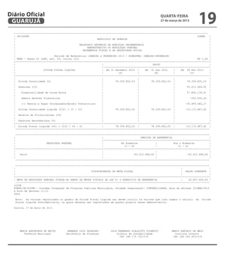 Diário Oficial
 GUARUJÁ
                                                                                                      QUARTA-FEIRA
                                                                                                      27 de março de 2013
                                                                                                                               19
  ----------------------------------------------------------------------------------------------------------------------------------
  | CN-SIFPM                                                                                                                  CONAM    |
  |                                                        MUNICIPIO DE GUARUJA                                                        |
  |                                                                                                                                    |
  |                                            RELATORIO RESUMIDO DA EXECUCAO ORCAMENTARIA                                             |
  |                                                 DEMONSTRATIVO DO RESULTADO NOMINAL                                                 |
  |                                              ORCAMENTOS FISCAL E DA SEGURIDADE SOCIAL                                              |
  |                                                                                                                                    |
  |                           Periodo de Referencia: JANEIRO a FEVEREIRO 2013 / BIMESTRE: JANEIRO-FEVEREIRO                            |
  | RREO - Anexo VI (LRF, art. 53, inciso III)                                                                                R$ 1,00 |
  |----------------------------------------------------------------------------------------------------------------------------------|
  |                                                           |                                 SALDO                                  |
  |                                                           |-----------------------------------------------------------------------|
  |                    DIVIDA FISCAL LIQUIDA                  | Em 31 Dezembro 2012 |      Em 31 Dez 2012     |    Em 28 Fev 2013     |
  |                                                           |          (a)          |          (b)          |          (c)           |
  |----------------------------------------------------------------------------------------------------------------------------------|
  |                                                           |                       |                       |                        |
  | Divida Consolidada (I)                                    |        78.339.802,03 |         78.339.802,03 |         78.339.802,03 |
  |                                                           |                       |                       |                        |
  | Deducoes (II)                                             |                        |                      |        93.512.689,65 |
  |                                                           |                       |                       |                        |
  |     Disponibilidade de Caixa Bruta                        |                       |                       |        57.806.139,91 |
  |                                                           |                       |                       |                        |
  |     Demais Haveres Financeiros                            |                       |                       |          -252.932,43 |
  |                                                           |                       |                       |                        |
  |     (-) Restos a Pagar Processados(Exceto Precatorios)    |                       |                       |       -35.959.482,17 |
  |                                                           |                       |                       |                        |
  | Divida Consolidada Liquida (III) = (I - II)               |        78.339.802,03 |         78.339.802,03 |        -15.172.887,62 |
  |                                                           |                       |                       |                        |
  | Receita de Privatizacoes (IV)                             |                       |                       |                        |
  |                                                           |                       |                       |                        |
  | Passivos Reconhecidos (V)                                 |                       |                       |                        |
  |----------------------------------------------------------------------------------------------------------------------------------|
  | Divida Fiscal Liquida (VI) = (III + IV - V)               |        78.339.802,03 |         78.339.802,03 |        -15.172.887,62 |
    ----------------------------------------------------------------------------------------------------------------------------------

    ----------------------------------------------------------------------------------------------------------------------------------
  |                                                           |                         PERIODO DE REFERENCIA                          |
  |                                                           |-----------------------------------------------------------------------|
  |                      RESULTADO NOMINAL                    |            No Bimestre            |           Ate o Bimestre           |
  |                                                           |              (c - b)              |              (c - a)               |
  |----------------------------------------------------------------------------------------------------------------------------------|
  |                                                           |                                   |                                    |
  |    Valor                                                  |                    -93.512.689,65 |                    -93.512.689,65 |
  |                                                           |                                   |                                    |
    ----------------------------------------------------------------------------------------------------------------------------------

    ----------------------------------------------------------------------------------------------------------------------------------
  |                                                                                                                |                   |
  |                                                    DISCRIMINACAO DA META FISCAL                                | VALOR CORRENTE |
  |                                                                                                                |                   |
  |----------------------------------------------------------------------------------------------------------------------------------|
  | META DE RESULTADO NOMINAL FIXADA NO ANEXO DE METAS FISCAIS DA LDO P/ O EXERCICIO DE REFERENCIA                 |    26.907.000,00 |
    ----------------------------------------------------------------------------------------------------------------------------------
  (s20H
  FONTE:CN-SIFPM - Sistema Integrado de Financas Publicas Municipais, Unidade responsavel- CONTABILIDADE, Data da emissao 25/MAR/2013
  e hora de emissao 11:13
  &k2s

   Nota: Os valores registrados no quadro da Divida Fiscal Liquida nao devem incluir os valores que irao compor o calculo    da   Divida
   Fiscal Liquida Previdenciaria, os quais deverao ser registrados em quadro proprio nesse demonstrativo.

  Guarujá, 27 de março de 2013.




      MARIA ANTONIETA DE BRITO        ARMANDO LUIZ PALMIERI        LUIS FERNANDO SCALZITTI FIORETTI          MARCO ANTONIO DE MELO
         Prefeita Municipal          Secretário de Finanças            Diretor de Contabilidade                Controle Interno
                                                                         CRC 1SP 175.702/O-8                  CRC 1SP 183.452/O-8
 