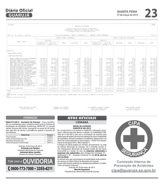 Diário Oficial
 GUARUJÁ
                                                                                                                                                                  QUARTA-FEIRA
                                                                                                                                                                  27 de março de 2013
                                                                                                                                                                                                           23
---------------------------------------------------------------------------------------------------------------------------------------------------------------------------------------------------------------------------
| CN-SIFPM                                                                                                                                                                                                            CONAM   |
|                                                                                                      MUNICIPIO DE GUARUJA                                                                                                   |
|                                                                                                                                                                                                                             |
|                                                                                         Relatorio Resumido da Execucao Orcamentaria                                                                                         |
|                                                                                      Demonstrativo dos Restos a Pagar por Poder e Orgao                                                                                     |
|                                                                                           Orcamento Fiscal e da Seguridade Social                                                                                           |
|                                                                                                                                                                                                                             |
|                                                                                                                                                                                                                             |
| LRF, art. 53, inciso V - Anexo IX                                      Periodo de Referencia: JANEIRO a FEVEREIRO 2013 / BIMESTRE: JANEIRO-FEVEREIRO                                                                R$ 1,00 |
|--------------------------------------------------------------------------------------------------------------------------------------------------------------------------------------------------------------------------|
|                                           |                              Restos a Pagar Processados                          |                                  Restos a Pagar Nao Processados                              |
|                                           |-------------------------------------------------------------------------------|-----------------------------------------------------------------------------------------------|
|                                           |            Inscritos           |               |                |                |            Inscritos           |                |               |             |              |
|               PODER / ORGAO               |-------------------------------|                |                |                |-------------------------------|                 |               |             |              |
|                                           | Em Exercicios |   Em 31 de     |     Pagos     | Cancelados     |     Saldo      | Em Exercicios |   Em 31 de     |    Liquidados |      Pagos     | Cancelados |     Saldo     |
|                                           | Anteriores    |dezembro/ 2012 |                |                |                | Anteriores    |dezembro/ 2012 |                 |               |             |              |
|--------------------------------------------------------------------------------------------------------------------------------------------------------------------------------------------------------------------------|
|                                           |               |                |               |                |                |               |                |                |               |             |              |
|                                           |               |                |               |                |                |               |                |                |               |             |              |
|                                           |               |                |               |                |                |               |                |                |               |             |              |
|EXECUTIVO                                  |               |                |               |                |                |               |                |                |               |             |              |
|                                           |               |                |               |                |                |               |                |                |               |             |              |
| ADMINISTRACAO DIRETA                      |               |                |               |                |                |               |                |                |               |             |              |
|                                           |               |                |               |                |                |               |                |                |               |             |              |
| PREFEITURA MUNICIPAL                      |               |                |               |                |                |               |                |                |               |             |              |
|                                           |               |                |               |                |                |               |                |                |               |             |              |
|     SECRET. EXECUTIVA DE COORD GOVERNAMENT|     343.840,70|     288.981,81|      275.615,05|            0,00|     357.207,46|            0,00|     235.574,66|       109.890,68|           0,00|       327,51|    235.247,15|
|     ADVOCACIA GERAL DO MUNICIPIO          |     240.440,20|     161.187,95|      146.458,56|            0,00|     255.169,59|            0,00|      44.742,25|         7.125,36|           0,00|       292,79|     44.449,46|
|     SECR.MUN. PLANEJ. E GESTÃO FINANCEIRA |   2.306.433,49|            0,00|           0,00|        1.992,02|   2.304.441,47|            0,00|           0,00|             0,00|           0,00|         0,00|          0,00|
|     SECRETARIA MUNICIPAL DE ADMINISTRACAO |     270.062,55|      555.250,04|     419.681,87|            0,00|     405.630,72|            0,00|     209.891,45|       132.073,94|      39.085,21|     8.274,19|    162.532,05|
|     SECR. MUNIC DE DESENV SOCIAL E CIDADAN|     274.446,91|      834.262,00|     700.194,63|        2.628,65|     405.885,63|            0,00|     930.078,72|       327.862,49|     228.367,40|    13.009,28|    688.702,04|
|     SECR. MUNICIPAL DAS ADMINISTRAÇÕES    |     581.086,95|            0,00|           0,00|            0,00|     581.086,95|            0,00|            0,00|            0,00|           0,00|         0,00|          0,00|
|     SECRETARIA MUNICIPAL DE CULTURA       |      19.820,00|     363.550,76|      362.280,58|            0,00|      21.090,18|            0,00|     356.291,99|        16.899,12|      15.135,97|       292,79|    340.863,23|
|     SECR MUN DE DEFESA E CONVIVENCIA SOCIA|     496.745,55|   5.682.844,73|    3.333.924,87|            0,00|   2.845.665,41|            0,00|   1.711.407,72|       699.492,41|     100.840,31|     2.992,44|  1.607.574,97|
|     SECR MUN DE DESENV ECONOMICO E PORTUAR|      18.742,50|       45.654,32|      45.370,42|            0,00|      19.026,40|            0,00|     149.594,90|        53.068,21|           0,00|     1.547,51|    148.047,39|
|     SECRETARIA MUNICIPAL DE EDUCACAO      |   1.020.910,49|   9.680.522,54|    9.426.568,22|            0,00|   1.274.864,81|            0,00|   2.506.415,52|     2.173.429,22|     485.248,35|    50.795,83|  1.970.371,34|
|     SECRETARIA MUNICIPAL DE ESPORTE E LAZE|     101.109,50|      113.288,82|      75.405,75|            0,00|     138.992,57|            0,00|      70.685,13|        11.628,35|       2.352,64|       292,79|     68.039,70|
|     SECR.MUN.INFRA-ESTR.E DESENVOLV.URBANO|   5.546.208,19|            0,00|           0,00|      15.237,05|    5.530.971,14|            0,00|            0,00|            0,00|           0,00|         0,00|          0,00|
|     SECRETARIA MUNICIPAL DE MEIO AMBIENTE |      22.645,00|      134.317,63|     125.748,51|            0,00|      31.214,12|            0,00|      98.078,59|        62.646,02|      55.571,16|     2.310,29|     40.197,14|
|     SECRETARIA MUNICIPAL DE SAUDE         |   1.955.166,12|   4.164.419,12|    3.454.351,32|            0,04|   2.665.233,88|      193.000,00|   2.797.448,05|     1.006.985,18|     891.320,71|         0,00|  2.099.127,34|
|     SECRETARIA MUN. DOS SERVIÇOS PUBLICOS |   7.154.752,42|            0,00|           0,00|            0,00|   7.154.752,42|            0,00|            0,00|            0,00|           0,00|         0,00|          0,00|
|     SECRETARIA MUNICIPAL DE TURISMO       |      51.062,00|      213.180,15|     203.844,05|            0,00|      60.398,10|            0,00|      29.319,10|         8.526,03|       1.871,22|       394,79|     27.053,09|
|     UNIDADE DE PROJETOS ESPECIAIS         |           0,00|          204,08|         204,08|            0,00|            0,00|           0,00|      16.520,54|         5.971,40|       5.837,13|        34,72|     10.648,69|
|     UNIDADE DE ASSUNTOS ESTRATEGICOS      |           0,00|       96.282,52|      94.825,32|            0,00|       1.457,20|            0,00|     154.480,56|        73.921,68|      26.119,94|       340,72|    128.019,90|
|     CONTROLADORIA GERAL DO MUNICIPIO      |           0,00|       32.380,53|      20.582,35|            0,00|      11.798,18|            0,00|     110.117,56|        24.719,26|      14.456,64|       102,00|     95.558,92|
|     SECRETARIA MUNICIPAL DE PLANEJAMENTO E|           0,00|       15.054,74|      14.983,76|            0,00|           70,98|           0,00|      22.504,30|        15.743,25|           0,00|       103,79|     22.400,51|
|     SECRETARIA MUNICIPAL DE FINANCAS      |     140.000,00|   4.179.049,71|      912.042,09|            0,00|   3.407.007,62|            0,00|     633.660,32|       375.301,86|     234.885,97|    16.722,56|    382.051,79|
|     SECRETARIA MUNICIPAL DE DESENV E GEST |   1.711.459,19| 32.445.201,45| 18.184.800,91|      1.375.015,91| 14.596.843,82|              0,00|   4.238.268,40|       303.685,01|      75.602,98|   435.238,90|  3.727.426,52|
|                                           |               |                |               |                |                |               |                |                |               |             |              |
|     TOTAL DA PREFEITURA                   | 22.254.931,76| 59.005.632,90| 37.796.882,34|       1.394.873,67| 42.068.808,65|        193.000,00| 14.315.079,76|      5.408.969,47|   2.176.695,63|   533.072,90| 11.798.311,23|
|--------------------------------------------------------------------------------------------------------------------------------------------------------------------------------------------------------------------------|
|TOTAL                                      | 22.254.931,76| 59.005.632,90| 37.796.882,34|       1.394.873,67| 42.068.808,65|        193.000,00| 14.315.079,76|      5.408.969,47|   2.176.695,63|   533.072,90| 11.798.311,23|
  --------------------------------------------------------------------------------------------------------------------------------------------------------------------------------------------------------------------------
(s20H
FONTE:CN-SIFPM - Sistema Integrado de Financas Publicas Municipais, Unidade responsavel- CONTABILIDADE, Data da emissao 25/MAR/2013 e hora de emissao 10:51
&k2s
Guarujá, 27 de março de 2013.




                     MARIA ANTONIETA DE BRITO                          ARMANDO LUIZ PALMIERI                           LUIS FERNANDO SCALZITTI FIORETTI                         MARCO ANTONIO DE MELO
                       Prefeita Municipal                             Secretário de Finanças                               Diretor de Contabilidade                                Controle Interno
                                                                                                                             CRC 1SP 175.702/O-8                                 CRC 1SP 183.452/O-8




                            finanças                                                      Atos oficiais
Edital 017/2013 - Secretaria de Finanças - Ficam cientifica-                                          câmara
dos os contribuintes para comparecimento junto à Diretoria de
Fiscalização de Atividades Econômicas (SEFIN-FISC 2), avenida                                    EDITAL DE LICITAÇÃO
Santos Dumont 640, térreo, Guarujá/SP, no prazo de 30 (trinta)                                   CONVITE Nº 001/2013
dias, para fins de ciência e providências quanto a assuntos de              Em cumprimento à Lei Federal nº 8.666/93 e alterações poste-
seu interesse.                                                              riores, informo que está aberta a licitação na modalidade CON-
                          Razão Social                     Processo         VITE, de nº 001/2013, que visa a contratação de empresa para
Antonio Nozella                                            01088/09         elaboração de laudos técnicos de avaliação do ativo imobilizado
Jardins JN Empreendimentos Ltda                            31415/12         do Legislativo, de base mobiliária e imobiliária, adequando-o ao
Blue Wings Participação Ltda                               23636/12         Plano de Contas Aplicado ao Setor Público – PCASP e em atendi-
Perillo Participações e Administração                      32955/12         mento às Portarias STN nº 406 e 828/2011.
                                                                            A íntegra do Edital poderá ser retirada, pessoalmente, na sede
                   Guarujá, 25 de março de 2013.                            da Câmara Municipal de Guarujá, sito à Avenida Leomil, nº
                      Armando Luis Palmieri                                 291, Pitangueiras, Município de Guarujá, Estado de São Paulo.
                  Secretário Municipal de Finanças                          Encerrando-se o prazo, no caso de empresas cadastradas e
                     Maristela Abreu Castilho                               empresas não cadastradas, para entrega dos envelopes “A” –
                    Diretora de Gestão Tributária                           Habilitação” e “B” – Proposta Comercial” no dia 08 de abril de
                                                                            2013 às 9h30.


                           Ouvidoria
                                                                            Os demais atos que necessitarem de publicidade serão publica-
  Fale com a                                                                dos apenas no Diário Oficial do Município de Guarujá.
                                                                            Outras informações poderão ser obtidas pelo telefone (13) 4009-
                                                                                                                                                               Comissão Interna de
                                                                            2184, no horário comercial.                                                       Prevenção de Acidentes
       0800-773-7000 • 3355-4211                                                            Guarujá, em 26 de março de 2013.
                                                                                                   Marcelo Squassoni
                                                                                                                                                          cipa@guaruja.sp.gov.br
                                                                                       Presidente da Câmara Municipal de Guarujá
 