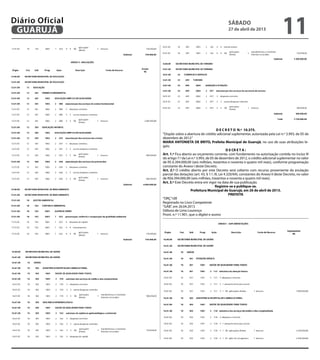 4
5
D E C R E T O N.º 10.375.
“Dispõe sobre a abertura de crédito adicional suplementar, autorizada pela Lei n.º 3.993, de 05 de
dezembro de 2012.”
MARIA ANTONIETA DE BRITO, Prefeita Municipal de Guarujá, no uso de suas atribuições le-
gais;
D E CR E T A :
Art. 1.º Fica aberto ao orçamento corrente, com fundamento na autorização contida no inciso III
do artigo 7.º da Lei n.º 3.993, de 05 de dezembro de 2012, o crédito adicional suplementar no valor
de R$ 6.394.000,00 (seis milhões, trezentos e noventa e quatro mil reais), conforme programação
constante do Anexo I deste Decreto.
Art. 2.º O crédito aberto por este Decreto será coberto com recurso proveniente da anulação
parcial das dotações (art. 43, § 1.º, III, Lei 4.320/64), constantes do Anexo II deste Decreto, no valor
de R$6.394.000,00 (seis milhões, trezentos e noventa e quatro mil reais).
Art. 3.º Este Decreto entra em vigor na data de sua publicação.
Registre-se e publique-se.
Prefeitura Municipal de Guarujá, em 26 de abril de 2013.
PREFEITA
“ORÇ”/dll
Registrado no Livro Competente
“GAB”, em 26.04.2013
Débora de Lima Lourenço
Pront. n.º 11.901, que o digitei e assino
2
sábado
27 de abril de 2013
11GUARUJÁ
Diário Oficial
 