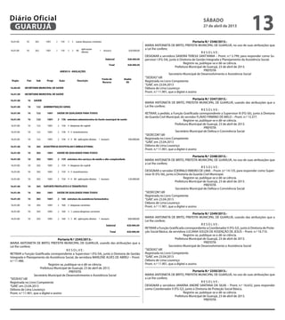 Portaria N.º 2345/2013.-
MARIA ANTONIETA DE BRITO, PREFEITA MUNICIPAL DE GUARUJÁ, usando das atribuições que a
Lei lhe confere;
R E S O L V E :
RETIRAR a Função Gratificada correspondente a Supervisor I (FG-S4), junto à Diretoria de Gestão
Integrada e Planejamento da Assistência Social, da servidora MARLENE ALVES DE ABREU – Pront.
n.º 11.486.
Registre-se, publique-se e dê-se ciência.
Prefeitura Municipal de Guarujá, 23 de abril de 2013.
PREFEITA
Secretário Municipal de Desenvolvimento e Assistência Social
“SEDEAS”/dll
Registrada no Livro Competente
“GAB”, em 23.04.2013
Débora de Lima Lourenço
Pront. n.º 11.901, que a digitei e assino
Portaria N.º 2346/2013.-
MARIA ANTONIETA DE BRITO, PREFEITA MUNICIPAL DE GUARUJÁ, no uso de suas atribuições que
a Lei lhe confere;
R E S O L V E :
DESIGNAR a servidora SANDRA TERESA SANT’ANNA – Pront. n.º 5.799, para responder como Su-
pervisor I (FG-S4), junto à Diretoria de Gestão Integrada e Planejamento da Assistência Social.
Registre-se, publique-se e dê-se ciência.
Prefeitura Municipal de Guarujá, 23 de abril de 2013.
PREFEITA
Secretário Municipal de Desenvolvimento e Assistência Social
“SEDEAS”/dll
Registrada no Livro Competente
“GAB”, em 23.04.2013
Débora de Lima Lourenço
Pront. n.º 11.901, que a digitei e assino
Portaria N.º 2347/2013.-
MARIA ANTONIETA DE BRITO, PREFEITA MUNICIPAL DE GUARUJÁ, usando das atribuições que a
Lei lhe confere;
R E S O L V E :
RETIRAR, a pedido, a Função Gratificada correspondente a Supervisor III (FG-S6), junto à Diretoria
da Guarda Civil Municipal, do servidor FLÁVIO FIRMINO DE MELO – Pront. n.º 13.377.
Registre-se, publique-se e dê-se ciência.
Prefeitura Municipal de Guarujá, 23 de abril de 2013.
PREFEITA
Secretário Municipal de Defesa e Convivência Social
“SEDECON”/dll
Registrada no Livro Competente
“GAB”, em 23.04.2013
Débora de Lima Lourenço
Pront. n.º 11.901, que a digitei e assino
Portaria N.º 2348/2013.-
MARIA ANTONIETA DE BRITO, PREFEITA MUNICIPAL DE GUARUJÁ, no uso de suas atribuições que
a Lei lhe confere;
R E S O L V E :
DESIGNAR o servidor EDERNILO RIBEIRO DE LIMA – Pront. n.º 14.135, para responder como Super-
visor III (FG-S6), junto à Diretoria da Guarda Civil Municipal.
Registre-se, publique-se e dê-se ciência.
Prefeitura Municipal de Guarujá, 23 de abril de 2013.
PREFEITA
Secretário Municipal de Defesa e Convivência Social
“SEDECON”/dll
Registrada no Livro Competente
“GAB”, em 23.04.2013
Débora de Lima Lourenço
Pront. n.º 11.901, que a digitei e assino
Portaria N.º 2349/2013.-
MARIA ANTONIETA DE BRITO, PREFEITA MUNICIPAL DE GUARUJÁ, usando das atribuições que a
Lei lhe confere;
R E S O L V E :
RETIRAR a Função Gratificada correspondente a Coordenador II (FG-S2), junto à Diretoria de Prote-
ção Social Básica, da servidora LUCIANA SOUZA DE ASSENÇÃO DE JESUS – Pront. n.º 16.710.
Registre-se, publique-se e dê-se ciência.
Prefeitura Municipal de Guarujá, 23 de abril de 2013.
PREFEITA
Secretário Municipal de Desenvolvimento e Assistência Social
“SEDEAS”/dll
Registrada no Livro Competente
“GAB”, em 23.04.2013
Débora de Lima Lourenço
Pront. n.º 11.901, que a digitei e assino
Portaria N.º 2350/2013.-
MARIA ANTONIETA DE BRITO, PREFEITA MUNICIPAL DE GUARUJÁ, no uso de suas atribuições que
a Lei lhe confere;
R E S O L V E :
DESIGNAR a servidora JANAÍNA ANDRÉ SANTANA DA SILVA – Pront. n.º 16.632, para responder
como Coordenador II (FG-S2), junto à Diretoria de Proteção Social Básica.
Registre-se, publique-se e dê-se ciência.
Prefeitura Municipal de Guarujá, 23 de abril de 2013.
PREFEITA
sábado
27 de abril de 2013
13GUARUJÁ
Diário Oficial
 