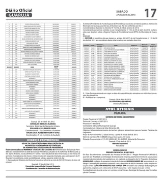 A 091 VICENTE VIEIRA DOS ANJOS 02/04/2008 ADULTO
A 017 EDNEI GONÇALVES DOS SANTOS 03/04/2008 ADULTO
A 035 ERNESTO BELARMINO DE LIRA 04/04/2008 ADULTO
A 178 JOAQUIM SOARES DOS REIS 05/04/2008 ADULTO
A 141 ONORIO TENORIO GOMES 07/04/2008 ADULTO
A 002 REINALDO SANTOS ALVES 07/04/2008 ADULTO
D 098 ALEXSANDRO AGUIAR NOBREGA 10/04/2008 ADULTO
C 013 MARIA APARECIDA DE ANDRADE CEZAR 11/04/2008 ADULTO
G 062 MARIA NASCIMENTO SILVA 12/04/2008 ADULTO
H 119 JOSE NEVES DE SOUZA 13/04/2008 ADULTO
B1 042 CLEONICE ALVES DOS SANTOS 14/04/2008 ADULTO
D 037 MARIA DAS DORES GEMBAROWSKA 17/04/2008 ADULTO
D 038 ANDERSON VIEIRA DOS SANTOS 17/04/2008 ADULTO
C 473 REGINA APARECIDA DOS SANTOS FERREIRA 19/04/2008 ADULTO
B 026 ANTONIO LOURENÇO BORGES 19/04/2008 ADULTO
F 146 RUBENS DO AMPARO FILHO 21/04/2008 ADULTO
B 050 GALDINO BERNARDO DO NASCIMENTO 25/04/2008 ADULTO
B 138 LEANDRO DOS SNTOS PEREIRA 25/04/2008 ADULTO
B 027 JOAQUIM FRANCISCO DE SANTANA 28/04/2008 ADULTO
F 032 JOSE LUIZ GOMES 28/04/2008 ADULTO
QUADRA NUMERO NOME
DTA.DE
FALEC.
ADULTO
E 034 ETELVINA RODRIGUES DOS SANTOS 01/04/2008 ADULTO
S 055 APARECIDA POLASTRA VEIGA 03/04/2008 ADULTO
G1 016 VALDEREDO BARROS PINTO 28/04/2008 ADULTO
H 001 JOSE REMILSON MELO SOUZA 24/07/1997 CRIANÇA
H 002 NATIMORTO 27/05/1997 CRIANÇA
H 003 TARCISO ROSDRIGUES DOS SANTOS 24/12/2009 CRIANÇA
H 004 SOPHIA MARIANO DORIA 27/12/2009 CRIANÇA
H 005 DONIS VIEIRA SAMPAIO 02/01/2009 CRIANÇA
H 006 NATIMORTO 03/01/2010 CRIANÇA
H 007 MEMBRO 15/01/2010 CRIANÇA
H 008 HELOISA ALVES FERREIRA 01/08/1997 CRIANÇA
H 009 LUIZA ARAUJO FERREIRA 15/01/2010 CRIANÇA
H 010 NATIMORTO 20/01/2010 CRIANÇA
H 011 NATIMORTO 22/01/2010 CRIANÇA
H 012 NATIMORTO 23/01/2010 CRIANÇA
H 013 DAVID GOMES DA COSTA MITSUICHI 23/01/2010 CRIANÇA
H 014 JOANA ALVES DO NASCIMENTO 23/01/2010 CRIANÇA
H 015 LUIZ FELIPE ASSIS COSTA 24/01/2010 CRIANÇA
H 016 DERYCKI CAUA RODRIGUES DOS SANTOS 24/01/2010 CRIANÇA
H 017 LUIZ ALVES DO NASCIMENTO 25/01/2010 CRIANÇA
H 018 NATIMORTO 31/01/2010 CRIANÇA
H 019 NATIMORTO 31/01/2010 CRIANÇA
H 020 NATIMORTO 05/02/2010 CRIANÇA
Guarujá 26 de Abril de 2013.
AVERALDO MENEZES ALMEIDA
Secretário Municipal de Operações Urbana
SOLANGE ALVES RAMOS P.8293
Coordenadora II – Dos Cemitérios e Funerária
DALVA LUCIA ALVES SEEHAGEN P. 10702
Coordenadora III - do Cemitério da Saudade
guarujá previdência
EDITAL DE CONVOCAÇÃO PARA REALIZAÇÃO DA 4ª.
REUNIÃO EXTRAORDINÁRIA DO CONSELHO
DE ADMINISTRAÇÃO DO GUARUJÁ PREVIDÊNCIA
Ficam convocados os MEMBROS TITULARES do Conselho de Administração do Guarujá Previ-
dência á comparecerem na sede do Guarujá Previdência, situado na Av. Adhemar de Barros 230, cj
03 - Santo Antonio, no dia 29/04/2.013 (vinte e nove de abril de dois mil e treze), às oito horas em
primeira chamada e às oito horas e trinta minutos em segunda chamada, para participarem da 4ª.
Reunião Extraordinária, onde será deliberada sobre a seguinte ordem do dia:
1-Aprovação do Relatório da Diretoria Executiva, referente ao mês de 03/2.013 (março de dois mil
e treze).
Guarujá, 22 de abril de 2.013.
Conceição Aparecida da Fonseca Nogueira
Presidente do Conselho de Administração
A Diretora Presidente do Fundo Especial de Previdência Social dos servidores públicos efetivos do
Município de Guarujá, usando das atribuições que lhe são conferidas por lei, e
Considerando o disposto no Decreto N° 10.173, de 18 de Janeiro de 2013;
Considerando as normas contidas na Lei Complementar n° 135, de 04 de abril de 2012, e altera-
ções, que dispõem sobre o Regime Próprio de Previdência Social (RPPS) do Município de Guaru-
já;
RESOLVE:
I – DEFERIR os benefícios de que tratam os artigos 860 e 871 da Lei Complementar n° 135 de 04
de abril de 2012, aos servidores abaixo relacionados, nos períodos descritos:
PORTARIA PRONT.
PROCESSO
INTERNO
NOME BENEFÍCIO
INÍCIO DO
BENEFÍCIO
FIM DO
BENEFÍCIO
172/2013 11.839 002/2013 JOSE MARIA ROLIM Auxílio Doença 11/04/2013 11/05/2013
173/2013 19.427 018/2013 LUCIA CRISTINA DE SOUZA FERREIRA Auxílio Doença 02/02/2013 02/06/2013
174/2013 10.731 060/2013 LAIDE BERNO DA SILVA Auxílio Doença 19/04/2013 03/05/2013
175/2013 5.548 099/2013 ALICE DIAS DE ARAUJO Auxílio Doença 25/04/2013 24/06/2013
176/2013 13.283 104/2013 ISIS MARIA RIBEIRO ANDRE Auxílio Doença 25/04/2013 25/05/2013
177/2013 19.756 129/2013 CLAUDIANE FRANCISCO Auxílio Doença 09/04/2013 23/06/2013
178/2013 14.325 134/2013 MARLENE CAMPRESTINI BRODT Auxílio Doença 16/04/2013 15/07/2013
179/2013 14.343 137/2013 VANDA LUCIA FREITAS DA SILVA Auxílio Doença 17/04/2013 01/06/2013
180/2013 13.745 140/2013 MARIA TEREZINHA T. DE SOUZA Auxílio Doença 16/04/2013 16/05/2013
181/2013 16.775 142/2013 ELISANGELA DE LOURDES DAVIES Auxílio Doença 18/04/2013 02/06/2013
182/2013 16.312 144/2013 ISABEL CRISTINA MASUMOTO PEREZ Auxílio Doença 07/04/2013 06/06/2013
183/2013 12.146 145/2013 ISABEL CRISTINA MASUMOTO PEREZ Auxílio Doença 07/04/2013 06/06/2013
184/2013 13.008 147/2013 MIRIAM CRISTINA DOS S. P. BIAZOTTO Auxílio Doença 19/04/2013 01/10/2013
185/2013 16.741 156/2013 CAROLINA DE MOURA O. CARVALHO Auxílio Doença 13/04/2013 28/04/2013
186/2013 15.928 157/2013 SANDRA SANTOS DA C. AGUIAR Licença Gestante 06/04/2013 03/08/2013
187/2013 10.693 158/2013 ANA MARIA MESSIAS RIBEIRO Auxílio Doença 22/04/2013 22/05/2013
188/2013 7.752 160/2013 ROMMEL LACET DE BARROS Auxílio Doença 24/04/2013 23/06/2013
189/2013 18.827 162/2013 NICE ANALIA APARECIDA P. DA SILVA Auxílio Doença 26/04/2013 25/06/2013
190/2013 12.908 083/2013 IVETE ROXO Auxílio Doença 29/04/2013 29/05/2013
191/2013 19.672 126/2013 DANIELLE DOMINGUES DE SOUZA Auxílio Doença 25/03/2013 17/04/2013
192/2013 14.079 130/2013 MARILIS IZOLAN Auxílio Doença 01/04/2013 11/06/2013
193/2013 16.637 131/2013 MARILIS IZOLAN Auxílio Doença 01/04/2013 11/06/2013
194/2013 15.924 163/2013 CLAUDIO ROGERIO RODRIGUES Auxílio Doença 24/04/2013 03/06/2013
195/2013 17.809 164/2013 MARIA JOSE DE LIMA CAMARA Auxílio Doença 26/04/2013 11/05/2013
II – Estas Portarias entrarão em vigor na data de sua publicação, retroativas ao início das conces-
sões dos benefícios.
III – Publique-se e cumpra-se.
Guarujá, 26 de Abril de 2013
CELIA RODRIGUES RIBEIRO
Diretora Presidente
câmara
Atos oficiais
EXTRATO DE TERMO DE CONTRATO
Pregão Presencial n.º 007/2013.
Termo de Contrato n.º 007/2013.
Processo n.º 068/2013.
Contratante: Câmara Municipal de Guarujá.
Contratada: Luiz Fabiano da Silva Alimentos ME.
Objetivo: Referentefornecimento de lanches (gêneros alimentícios) para as Sessões Plenárias do
Legislativo.
Prazo de Fornecimento: 12 (doze) meses, a partir de 16 de abril de 2013.
Valor do Contrato: R$ 54.000,00 (cinquenta e quatro mil reais).
Dotação Orçamentária: n.º 01.031.4005.2.001-3.3.90.30.00 -Material de Consumo.
Guarujá, 17 de abril de 2013.
Marcelo Squassoni
Presidente
HOMOLOGAÇÃO
PREGÃO PRESENCIAL Nº 007/2013
Em face dos elementos constantes do Processo nº 091/2013 – Pregão Presencial nº 009/2013,
que tem por finalidade a contratação de empresa de empresa para fornecimento de peças para a
manutenção dos veículos do Legislativo e, em especial, ao despacho do Sr. Pregoeiro desta Casa,
HOMOLOGO o objeto da presente licitação às licitantes HUSSEIN WAKED ME vencedora do ca-
tálogo Chevrolet por apresentar proposta com o desconto de 68,5% (sessenta e oito virgula cin-
co por cento) e JAILTON BENEDITO DOS SANTOS-EPP vencedora do catálogo Volkswagen por
apresentar proposta com o desconto de 67,5% (sessenta e sete virgula cinco por cento).
As adjudicatárias deverão entrar em contato com a Câmara Municipal de Guarujá para formaliza-
ção do Contrato.
sábado
27 de abril de 2013
17GUARUJÁ
Diário Oficial
 