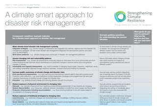 DRAFT 1.1 FOR CONSULTATION AND TESTING
Contact for more information: Maggie Ibrahim m.ibrahim@ids.ac.uk Katie Harris k.harris@ids.ac.uk ©T. Mitchell and M.Ibrahim (2010)




A climate smart approach to
disaster risk management
                                                                                                                                                                                                                      What goals do you
                                                                                                                                                                                                                      want to achieve?
                                                                                                                                                                     Example guiding questions
                                         Component/ condition/ example indicator                                                                                                                                      What are the
                                                                                                                                                                     for understanding the current
                                         for a climate smart approach to disaster risk management                                                                                                                     barriers and how
                                                                                                                                                                     situation
                                                                                                                                                                                                                      will you overcome
                                                                                                                                                                                                                      them?

                                         Make climate-smart disaster risk management a priority                                                                      To what extent is climate change already part
                                         Integrated strategies – e.g. climate change considerations are integrated into national, regional and local disaster risk   of disaster risk management strategies at
                                         management strategies. Climate-smart disaster risk management integrated into development policies and plans                different scales? How do climate and
                                         (such as PRS/PRSPs)                                                                                                         disasters communities communicate?
                                         Multi-sector platforms – e.g. climate change actors active part of disaster risk management platforms.
 Tackling Exposure to Changing Hazards




                                         Assess changing risk and vulnerability patterns                                                                             How is information about changing climate
                                         Risk Assessments – e.g. climate risk assessments conducted based on information from local communities and from             risks (both hazards and impacts on
                                         meteorologists/climate scientists about experienced and predicted changes in extreme events and more gradual                vulnerabilities) being collected and used at
                                         changes in climate.                                                                                                         different scales?
          and Disaster Impacts




                                         Vulnerability and Capacity Assessments – e.g. local knowledge of changing hazard types, frequency, magnitude, along
                                         with shifting vulnerability captured through seasonal calendars, scenario tools and timelines for example.

                                         Increase public awareness of climate change and disaster risks                                                              How are early warning systems integrating
                                         Early warning and preparedness – e.g. early warning and preparedness systems able to deal with surprise events.             new knowledge about the impact of climate
                                         Proactive Local institutions – e.g. local institutions conduct awareness campaigns and programmes that advocate             change on extremes and how are education/
                                         integrated approaches to tackling climate change and disaster risks.                                                        public awareness programmes supporting
                                         Education – e.g. tackling climate change and reducing disaster risk part of curriculum.                                     this?

                                         Reduce exposure of physical environment to changing risks                                                                   How are policies, programmes and projects,
                                         Relocate – e.g. relocate infrastructure from hazardous zones following assessment of how hazards are changing               which ensure secure living conditions,
                                         Restore Natural Buffers – e.g. mangroves, wetlands restored, reforestation to buffer from storm surges and ﬂood peaks       integrating and acting on knowledge about
                                         Protection Infrastructure including accommodation – e.g. ﬂood prooﬁng buildings in line with codes based on                 the impacts of and risks associate with
                                         consideration of changing extremes                                                                                          climate change?

                                         Reduce exposure of livelihood strategies to changing risks                                                                  Are vulnerable people’s livelihoods strategies
                                         Local Economy – e.g. livelihood strategies are diversiﬁed based on knowledge of shifting resource patterns                  shifting as a result of climate change and
                                         and hazard exposure                                                                                                         other drivers of poverty and how are schemes
                                         Social relations – e.g. schemes are in place to share risks and impacts across regions and communities                      helping support shifts to more resilient
                                         (such as savings schemes, innovative insurance measures etc.)                                                               livelihoods?
 