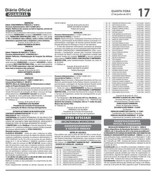 Diário Oficial
 GUARUJÁ
                                                                                                                                                         quarta-feira
                                                                                                                                                         27 de junho de 2012
                                                                                                                                                                                              17
                          DESPACHO                                   mento original.                                                           AD – 66    DEMORILTON FRANCISCO ALVES         24/10/2002   ADULTO
Edital: CONCORRÊNCIA PÚBLICA n.º 4/2012                                                 Guarujá, 04 de junho de 2012                           AD – 74    EDITH SOUSA DA SILVA               02/04/2003   ADULTO
Processo Administrativo: 2927/125987/2012                                               MARIA ANTONIETA DE BRITO                               AD – 78    ABIGAIL BARBOSA DA SILVA           15/06/2003   ADULTO
Objeto: Melhoria dos acessos ao bairro Itapema, através de                                  Prefeita de Guarujá                                AD – 81    ROBERTO CORREIA DE MELO            08/06/2002   ADULTO
recuperação asfáltica.                                                                                                                         AD – 82    JOÃO PEREIRA ALVES                 27/05/1999   ADULTO
Tendo em vista os elementos informativos constantes do presen-                                  DESPACHO                                       AD – 84    ANTONIO GARCIA                     03/10/1994   ADULTO
                                                                                                                                               AE – 07    JOÃO MARINHO DA SILVA FILHO        04/07/2000   ADULTO
te processo HOMOLOGO o certame e ADJUDICO o objeto a em-             Processo Administrativo n.º 27382/125987/2011
                                                                                                                                               AE – 13    ANTONIO BEZERRA DE ALENCAR         14/02/1993   ADULTO
presa TERRACOM CONSTRUÇÕES LTDA., no valor total global              Concorrência Pública n.º 05/2012                                          AE – 13    FRANCISCO INOCENCIO BEZERRA        22/02/1996   ADULTO
de R$ 2.139.840,55 (dois milhões, cento e trinta e nove mil,         Objeto: Repavimentação e Adequação Geométrica da Rua Luis                 AE – 39    MARIA DE LURDES OLIVEIRA           27/05/1999   ADULTO
oitocentos e quarenta reais e cinqüenta e cinco centavos).           Bianconi, pavimentação da Rua Nelson Horácio Conceição e re-              AD – 43    ALICE REIS LIMA                    31/05/2001   ADULTO
                 Guarujá, 26 de junho de 2012                        pavimentação e drenagem da Avenida General Rondon (entre                  AE – 46    ASCELINO PEREIRA DA SILVA          22/06/2000   ADULTO
                MARIA ANTONIETA DE BRITO                             Estrada Alexandre M. Rodrigues e Praça 07 de Setembro).                   AE – 46    VALDEMIRA NASCIMENTO DA SILVA      30/01/2004   ADULTO
                           PREFEITA                                  I – À vista dos elementos informativos constantes do presente             AE – 49    VILMA ALVES FEITOSA SOUZA          26/11/2003   ADULTO
                                                                     processo e em análise ao recurso interposto pela empresa PON-             AE – 51    JOSE ROBERTO DOS SANTOS            25/02/2004   ADULTO
                         DESPACHO                                    TO FORTE CONSTRUÇÕES E EMPREENDIMENTOS LTDA., consi-                      AE – 69    SOFIA DE ARAUJO                    21/08/1992   ADULTO
Edital: TOMADA DE PREÇOS n.º 2/2012                                  derando a manifestação exarada pela Comissão Permanente                   AE – 70    PAULO CARVALHO SANTOS              07/06/1999   ADULTO
Processo Administrativo: 12368/942/2011                              de Licitação de Obras e Serviços de Engenharia acolhida pela              AE – 75    SESSINO SARAVIO                    06/01/1993   ADULTO
Objeto: Reforma e Readequação do Hospital Dia William                Diretoria Jurídica de Licitação, INDEFIRO o recurso interposto            AE – 78    MANOEL ROSA DA SILVA               05/02/2004   ADULTO
                                                                                                                                               AE – 82    MICHELLE RODRIGUES                 08/10/2003   ADULTO
Rocha.                                                               pela empresa PONTO FORTE CONSTRUÇÕES E EMPREENDI-
                                                                                                                                               AE – 86    HÉLIO MORAES                       30/12/2000   ADULTO
Tendo em vista os elementos informativos constantes do pre-          MENTOS LTDA., pelas fundamentações exaradas nos autos às                  BD - 10    JULIA BARBOSA DA COSTA             01/02/1994   ADULTO
sente processo HOMOLOGO o certame e ADJUDICO o objeto                fls. 823/824.                                                             BD - 39    MARIA TRAVASSO DA SILVA            16/02/1993   ADULTO
a empresa RDZ CONSTRUTORA LTDA., no valor total global de            II- Publique-se.                                                          BD - 39    MARA RUBIA DA SILVA                11/06/2002   ADULTO
R$ 710.779,98 (setecentos e dez mil, setecentos e setenta e                            Guarujá, 26 de junho de 2012.                           BE – 07    MÁRCIO ZEGUNIS                     01/02/2004   ADULTO
nove reais e noventa e oito centavos)                                                  MARIA ANTONIETA DE BRITO                                BE – 38    ANEZIO FAUSTINO                    12/10/2003   ADULTO
                Guarujá, 26 de junho de 2012                                                Prefeita Municipal                                 BE – 61    SEVERINO PEDRO DA SILVA            10/10/1993   ADULTO
               MARIA ANTONIETA DE BRITO                                                                                                        BE – 64    JOSUE SILVA DOS ANJOS              28/10/2003   ADULTO
                          PREFEITA                                                               DESPACHO                                      BE – 64    JOSINO JOSE DOS ANJOS              03/05/2004   ADULTO
                                                                     Processo Administrativo n.º 27382/125987/2011                              BE -67    ALEXSANDRO RAMOS MENEZES           06/10/2003   ADULTO
                            DESPACHO                                 Concorrência Pública n.º 05/2012                                          CD – 18    MARLUCE ROQUE DAS NEVES            24/07/2000   ADULTO
                                                                                                                                               CD – 75    JOSE LAURINDO DE SOUZA             22/10/2001   ADULTO
Processo Administrativo n°: 35601/125987/2011.                       Objeto: Repavimentação e Adequação Geométrica da Rua Luis
                                                                                                                                               CD – 12    FRANCISCO DURAN CLEMENTE           21/12/2003   ADULTO
Concorrência Pública nº. 08/2012                                     Bianconi, pavimentação da Rua Nelson Horácio Conceição e re-
                                                                                                                                               CE – 14    PEDRO IGNACIO DA SILVEIRA FILHO    17/04/1993   ADULTO
OBJETO: Obras de implantação de infraestrutura e urbani-             pavimentação e drenagem da Avenida General Rondon (entre                  CE – 40    JOSE VIEIRA DE ANDRADE             24/08/2001   ADULTO
zação no Projeto Enseada-PAC2                                        Estrada Alexandre M. Rodrigues e Praça 07 de Setembro).                   CE – 40    LEONCIO DE JESUS ANDRADE           30/11/2002   ADULTO
I – Em vista aos questionamentos apresentados que proporcio-         I – Tendo em vista o INDEFERIMENTO do Recurso interposto                  CE – 62    CARMELIA SOUTO DE BARROS           10/05/2001   ADULTO
naram a necessidade de alterações no edital convocatório, a Co-      pela empresa PONTO FORTE CONSTRUÇÕES E EMPREENDI-                         CE – 77    ANTONIA DE SOUZA COSTA             30/01/1995   ADULTO
missão Permanente de Licitações de Obras e Serviços de Enge-         MENTOS LTDA., a Comissão Permanente de Licitação de Obras                 CE – 77    VANIA MARIA SALES DA SILVA         23/06/1998   ADULTO
nharia determina a SUSPENSÃO “sine die” do certame.                  e Serviços de Engenharia, resolve dar prosseguimento ao pro-
II – Aguarde-se nova publicação determinando o prossegui-            cesso licitatório.                                                                        Guarujá 26 de junho de 2012.
mento da licitação, na forma da legislação em vigor.                 II – Fica designado o dia 28 de junho 2012 às 10h:00min., para                        ANTONIO CLAUDIO DE LIMA TORRES
III – Publique-se.                                                   sessão pública de abertura do envelope n.º 02 – PROPOSTA, na                             Secretario Municipal Interino de
                   Guarujá, 26 de junho de 2012.                     diretoria de Compras e Licitações, sito no 1º andar do paço                             Desenvolvimento e Gestão Urbana
                    ARMANDO LUIZ PALMIERI                            Moacir dos Santos Filho.                                                                   JORGE KOOZO KAMIMURA
            Presidente da Comissão Permanente de                     III- Publique-se.                                                                         Diretor de Operações Urbanas
         Licitações de Obras e Serviços de Engenharia                                   Guarujá, 26 de junho de 2012.                                        SOLANGE ALVES RAMOS - P. 8293
                                                                                          ARMANDO LUIZ PALMIERI                                                          Escriturária
           EXTRATO DE TERMO DE RE-RATIFICAÇÃO                                      Presidente da Comissão Permanente de                                  GERALDO GOMES DOS SANTOS - P. 12281
CONTRATO ADMINISTRATIVO Nº 181/2011 – TA 03                                     Licitaçoes de Obras e Serviços de Engenharia                              Coordenador dos Cemitérios e Funerária
PROCESSO N° 18017/3418/2011                                                                                                                              DENILDA VALENTIM VANDERLEI - P. 10704
CONTRATADA: GP GUARDA PATRIMONIAL DE SÃO PAULO LTDA
OBJETO: CONTRATAÇÃO DOS SERVIÇOS DE EMPRESA ESPECIA-
                                                                                     Atos oficiais                                                         Supervisora do Cemitério Jardim da Paz

LIZADA EM VIGILANCIA PARA IMPLANTAÇÃO, INSTALAÇÃO E                              secretarias municipais                                                      desenvolvimento
OPERAÇÃO TOTAL DE SISTEMA INTEGRADO DE SEGURO.                                                                                                              social e cidadania
A PREFEITURA resolve Retificar a Clausula Segunda do Termo
Aditivo nº 01, conforme justificativa e parecer jurídico anexado
                                                                                    desenvolvimento                                                 RESOLUÇÃO NORMATIVA Nº. 013/2012 - CMDCA
ao processo administrativo nº 3793/14450/2012.                                       e gestão urbana                                          “Altera dispositivos da Resolução Normativa nº 012/2012 –
Devendo constar o seguinte:                                                                                                                   CMDCA, de 15 de junho de 2012 e dá outras providências”.
CLAUSULA SEGUNDA – tendo em vista o interesse no adita-                                   EDITAL Nº. 023/2012                                A PRESIDENTE DO CONSELHO MUNICIPAL DOS DIREITOS DA
mento da prestação dos serviços do objeto do referido contrato,      Faço público que, após o prazo de sete (07) dias a contar da pu-        CRIANÇA E ADOLESCENTE DE GUARUJÁ – CMDCA, no uso de
conforme justificativa constante no processo administrativo n°       blicação do presente Edital, serão exumados os restos mortais           suas atribuições legais, estabelecidas na Lei Municipal nº 3.382,
3793/14450/2012 às fls. 03 e 04 e nos termos do que dispõe o         dos Ossários Individuais Inadimplentes, cujos números e nomes           de 07 de junho de 2006, em cumprimento a Lei Federal nº. 8.069,
artigo 65, § 1º, da Lei Federal n°. 8.666/93, resolvem as partes     vão abaixo relacionados, sendo os despojos recolhidos ao ossu-          de 13 de julho de 1990 – Estatuto da Criança e do Adolescente e
ADITAR o valor do contrato em R$ 127.607,50 (cento e vinte e         ário comum do CEMITÉRIO “JARDIM DA PAZ” – MORRINHOS                     à deliberação da Assembleia Extraordinária, realizada no dia 26
sete mil seiscentos e sete reais e cinqüenta centavos), sendo R$     - VICENTE DE CARVALHO - GUARUJÁ.                                        de junho de 2012;
26.027,80 (vinte e seis mil vinte e sete reais e oitenta centavos)   Localização                Nome
                                                                                                                        Data
                                                                                                                                  Carneira   Considerando que os conselhos municipais, estaduais e nacio-
                                                                                                                    Falecimento
para a instalação dos equipamentos e R$ 98.579,70 (noventa e                                                                                 nal dos direitos da criança e do adolescente são órgãos delibera-
                                                                       AD – 08     LUCIA MARIA DA CONCEIÇÃO          17/05/2000   ADULTO
oito mil quinhentos e setenta e nove reais e setenta reais), valor                                                                           tivos e controladores das ações em todos os níveis, assegurada
                                                                       AD – 39     PAULA CUNHA BUENO ARISTEU         30/01/2002   ADULTO
global para 18 (dezoito) meses, correndo as despesas por conta         AD – 39     JOSÉ FRANCISCO MALFATTI           01/05/2001   ADULTO
                                                                                                                                             a participação popular paritária por meio de organizações re-
das dotações orçamentárias nº:                                         AD – 41     TEREZINHA DE BARROS QUEIROZ       17/03/2004   ADULTO     presentativas, segundo leis federal, estaduais e municipais, nos
11.01.00.04.122.2002.2.027.3.3.90.39.00 (490) 24.01.00.04.             AD – 41     CECILIA PEREIRA SANTOS            02/04/2003   ADULTO     termos do inciso II, do artigo 88, da Lei Federal nº 8.069, de 13 de
123.4004.2.197.4.4.90.52.00 (2543)                                     AD – 43     EVELÁSIO GONÇALVES DE FREITAS     06/10/2002   ADULTO     julho de 1990 – Estatuto da Criança e do Adolescente;
Ratificam-se todos os atos praticados no cumprimento do refe-          AD – 43     MANUEL ANANIAS DOS SANTOS JUNIOR 20/02/2003    ADULTO     Considerando o disposto no caput do artigo 8º, da Resolução nº
rido contrato.                                                         AD – 53     MAYCON LINO DOS SANTOS BONFIM     13/02/2004   ADULTO     105 do Conselho Nacional dos Direitos da Criança e do Adoles-
Ficam integralmente mantidas as demais clausulas do instru-            AD - 54     MARIA CELUTA SANTOS DE GOIS       16/07/1995   ADULTO     cente de 23 de junho de 2005, segundo o qual, “A representação
 