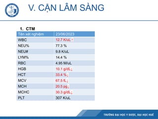 Tên xét nghiệm 23/06/2023
WBC 12.7 K/uL ↑
NEU% 77.3 %
NEU# 9.8 K/uL
LYM% 14.4 %
RBC 4.95 M/uL
HGB 10.1 g/dL↓
HCT 33.4 %↓
MCV 67.5 fL↓
MCH 20.5 pg↓
MCHC 30.3 g/dL↓
PLT 307 K/uL
V. CẬN LÂM SÀNG
1. CTM
 