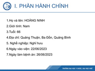 I. PHẦN HÀNH CHÍNH
1.Họ và tên: HOÀNG NINH
2.Giới tính: Nam
3.Tuổi: 66
4.Địa chỉ: Quảng Thuận, Ba Đồn, Quảng Bình
5. Nghề nghiệp: Nghỉ hưu
6.Ngày vào viện: 22/06/2023
7.Ngày làm bệnh án: 26/06/2023
 