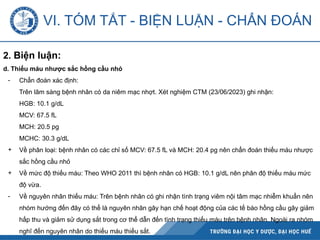 2. Biện luận:
d. Thiếu máu nhược sắc hồng cầu nhỏ
- Chẩn đoán xác định:
Trên lâm sàng bệnh nhân có da niêm mạc nhợt. Xét nghiệm CTM (23/06/2023) ghi nhận:
HGB: 10.1 g/dL
MCV: 67.5 fL
MCH: 20.5 pg
MCHC: 30.3 g/dL
+ Về phân loại: bệnh nhân có các chỉ số MCV: 67.5 fL và MCH: 20.4 pg nên chẩn đoán thiếu máu nhược
sắc hồng cầu nhỏ
+ Về mức độ thiếu máu: Theo WHO 2011 thì bệnh nhân có HGB: 10.1 g/dL nên phân độ thiếu máu mức
độ vừa.
- Về nguyên nhân thiếu máu: Trên bệnh nhân có ghi nhận tình trạng viêm nội tâm mạc nhiễm khuẩn nên
nhóm hướng đến đây có thể là nguyên nhân gây hạn chế hoạt động của các tế bào hồng cầu gây giảm
hấp thu và giảm sử dụng sắt trong cơ thể dẫn đến tình trạng thiếu máu trên bệnh nhân. Ngoài ra nhóm
nghĩ đến nguyên nhân do thiếu máu thiếu sắt.
VI. TÓM TẮT - BIỆN LUẬN - CHẨN ĐOÁN
 