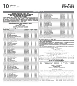 administração
PREFEITURA MUNICIPAL DE GUARUJÁ – PMG
PROCESSO SELETIVO PARA PROVIMENTO DE VAGAS, COM PROVA,
PROVA PRÁTICA E FORMAÇÃO DE CADASTRO RESERVA
EDITAL 001/2013 – SESAU SAMU
A PREFEITURA MUNICIPAL DE GUARUJÁ – PMG, através da Secretaria Municipal de Saúde – SESAU,
no uso de suas atribuições legais, torna público a CONVOCAÇÃO dos candidatos HABILITADOS
para realização da SEGUNDA FASE – PROVA PRÁTICA da função de Condutores de Veículos de Ur-
gência do Processo Seletivo para Provimento de Vagas, com prova, prova prática e formação de
cadastro reserva, nos termos do Edital 001/2013 – SESAU SAMU.
DATA DE REALIZAÇÃO DAS PROVAS: 04 DE AGOSTO DE 2013.
LOCAL:
PAÇO RAPHAEL VITIELLO
ENDEREÇO: AV. SANTOS DUMONT, 640
BAIRRO: SANTO ANTÔNIO – GUARUJA
004 - Condutor de Veículos de Urgência
INSCRIÇÃO NOME DOCUMENTO CÓDIGO HORÁRIO
001938 ADEILTON DIAS DA SILVA 00000300190074 004 9 HORAS
001641 ADRIANO AGUIAR DOS SANTOS 00000270323065 004 9 HORAS
002073 ADRIANO CELSO DE CARVALHO 0000279991779X 004 9 HORAS
001494 AILTON MASSAO 00000240875680 004 9 HORAS
001401 ALBERTO PERREIRA DA CRUZ 00000173026357 004 9 HORAS
000947 ALDO XAVIER 00000304905082 004 9 HORAS
002250 ALESSANDRO FERREIRA BELTRANTE 00000334344220 004 9 HORAS
000653 ANDERSON DONIZETE FELICIANO DOS SANTOS 0000023596556X 004 9 HORAS
000549 ANDRE SOARES DE OLIVEIRA 00000302120671 004 9 HORAS
001450 ANGELO RAPHAEL DOS SANTOS ALVES 00000444002984 004 9 HORAS
002191 ANTONIO APARECIDO BONACHINI 00000242089707 004 9 HORAS
001368 CARLOS ALBERTO COELHO VIGNA 00000127392038 004 9:30
000028 CARLOS ALBERTO HENRIQUE DA SILVA JUNIOR 00000029138855 004 9:30
000752 CASSIO ONORIO DA SILVA JUNIOR 00000340261055 004 9:30
000937 CELSO TADDEO 00000015743214 004 9:30
001969 CHRISTOPHER DE OLIVEIRA BORGES 00000227770900 004 9:30
000298 CIRO LOPES DE FREITAS NETO 00000415537526 004 9:30
000305 CLAUDIO CASADEI 00000115326479 004 9:30
000443 CLAUDIO JOSE DOS SANTOS 00000342500077 004 9:30
001134 CLEBSON SANTOS DA ROCHA 00000408875914 004 9:30
030013 DIEGO FERREIRA 00000450395182 004 9:30
000025 EDINALDO JOSE DA SILVA 00000271077591 004 9:30
000387 EDUARDO ALVES PEREIRA 00000102483115 004 10 HORAS
000244 ELI MENDES DA SILVA 0000033352858X 004 10 HORAS
000179 ELISAMA ADALGISA DA SILVA 00000208248626 004 10 HORAS
001611 EMANOEL ASEVEDO DE BRITO 00000286010136 004 10 HORAS
001283 EVERTON OLIMPIO DA SILVA 00000323776759 004 10 HORAS
030011 FABIANO ROBERTO ALVES DE ARAUJO 00000329977441 004 10 HORAS
000215 FABIO LIMA FRAGA FRANCA 00000321080518 004 10 HORAS
000001 FABIO ROGERIO MARIANO 00000193812058 004 10 HORAS
002267 FELIPE DE ALMEIDA SANTOS 00000324129002 004 10 HORAS
000015 GABRIEL DE ANDRADE SANTANA 00000270045697 004 10 HORAS
001459 GILBERTO GARCIA JUNIOR 00000450757420 004 10 HORAS
000114 GILSON FARIAS 00000018937281 004 10:30
001525 GILVAN MARCUS DE SOUZA 0000020474796X 004 10:30
000154 HELIO TEIXEIRA DE JESUS JUNIOR 00000258162272 004 10:30
000014 ITAMAR DE SOUSA PIRES 00000013879094 004 10:30
002127 JASON ALVES FERREIRA 00000018939523 004 10:30
001230 JOAO ALBERTO FRANCA GALLUZZI 00000014751754 004 10:30
001739 JOAO BATISTA DAS VIRGENS SALOMAO 00000300968589 004 10:30
000093 JOAO CARLOS DA CRUZ 00000073379347 004 10:30
001676 JOSE ALBERTO DA SILVA JUNIOR 00000217469000 004 10:30
001505 JOSE DIOGENES DA SILVA JUNIOR 00000331705813 004 10:30
000717 JOSE ROBERTO SANTOS DO NASCIMENTO 00000273456854 004 10:30
000464 JULIO CEZAR CLARO 00000242692941 004 11 HORAS
000916 JULIO CEZAR DE JESUS GUALBERTO 00000290536777 004 11 HORAS
000469 LACIR DELPRETE 00000006094960 004 11 HORAS
000094 LOUISE CRUZ PONTES DE OLIVEIRA 00000437661143 004 11 HORAS
000210 LUCIANA CASSI DOS ANJOS CHACON 00000235086095 004 11 HORAS
000575 LUIS BARBOSA LOPES 00000527083379 004 11 HORAS
000410 LUIS LIONEL LINHARES VARELA 00000019655167 004 11 HORAS
001489 LUIZ FERNANDO DAS CHAGAS SILVA 00000363523200 004 11 HORAS
000189 MARCELO APARECIDO PEGORARO 00000165890769 004 11 HORAS
000579 MARCELO DE CAMARGO NUNES 00000246815449 004 11 HORAS
002114 MARCELO RICARDO DE ASSIS BERBARE 00000145408863 004 11 HORAS
002091 MARCIEL DE SOUZA BATALHA 0000025980888X 004 11:30
000714 MARCIO SERGIO CARVALHO RAPOSO 00000188100325 004 11:30
001266 MARCO AURELIO ALONSO DE REZENDE JUNIOR 00000215271841 004 11:30
000720 MARCOS FERNANDES SILVA 00000128642439 004 11:30
000242 MARCOS FERREIRA DE SOUSA 00000281357353 004 11:30
001255 MARCOS ROGERIO PERUZZERTO 00000018938119 004 11:30
000533 MIRIAN SANTOS SANTANA 00000194810835 004 11:30
000084 MOISES DOS SANTOS FILHO 00000425549598 004 11:30
001121 NELSON MAXIMINIANO SANTOS DO NASCIMENTO 00000217850261 004 11:30
001073 NIVALDO CARLOS DE ALMEIDA 00000147564396 004 11:30
000812 PATRICK EDUARDO FERNANDES 00000328073283 004 11:30
000128 PLATINI DOS SANTOS VIEIRA 0000041553379X 004 12 HORAS
001435 RAFAEL GUEDES DA SILVA 00000486619709 004 12 HORAS
001211 RAFAEL JARDIM VELASCO 00000219367127 004 12 HORAS
000182 REGINALDO BARROS DA SILVA 00000141577836 004 12 HORAS
001597 RICARDO SALVADOR VALENTE 00000411431766 004 12 HORAS
000100 RICARDO SILVA DOS SANTOS 00000267376261 004 12 HORAS
001502 ROBERTO SALES 00000295365419 004 12 HORAS
001141 RODNEY DA SILVA BRAGA 00000204600418 004 12 HORAS
000627 ROMAO TADEU AMANCIO 00000204615963 004 12 HORAS
030024 ROSEVALDO DA SILVA SANTOS 00000469701389 004 12 HORAS
000292 SANDRO ROBERTO DE OLIVEIRA CUNHA 00000212508118 004 12 HORAS
000266 SILVIO CESAR FIGUEIRA DIAS 0000019220841X 004 12:30
001941 VALBERTO CESAR DOMINGUES 00000242090424 004 12:30
002003 VINICIUS YOSHINORI NAKAMURA 00000275585694 004 12:30
001147 VITOR TADEU DOS SANTOS SILVA 00000451953149 004 12:30
000788 WAGNER BARBOSA LAMIM 00000180451406 004 12:30
000066 WILLIAM LIMA DOS SANTOS 00000023113566 004 12:30
000691 WILLIAN FELIZARDO PINTO 00000334958131 004 12:30
000307 WILSON ROBERTO TRIGO 0000022681919X 004 12:30
000447 YURI LUIZ LIMA DE OLIVEIRA 00000467201870 004 12:30
Nos termos do Edital 001/2013 – SESAU SAMU:
1. Não serão admitidas solicitações, anteriores ou posteriores, de aplicação de provas em local, dia
e horário fora dos preestabelecidos.
2. Os candidatos deverão portar Carteira Nacional de Habilitação (CNH) letra “D” e Habilitação
como Condutor de Veículo de Urgência, no momento da realização da prova.
3. Os candidatos deverão comparecer ao local da prova pelo menos 30 (trinta) minutos antes da
hora marcada.
4. Não haverá segunda chamada, seja qual for o motivo alegado para justificar o atraso ou a ausên-
cia do candidato, com ou sem necessidade especial.
Guarujá, 27 de julho de 2013.
Waldyr Tamburús
Presidente da Comissão do Processo Seletivo
PREFEITURA MUNICIPAL DE GUARUJÁ – PMG
PROCESSO SELETIVO PARA PROVIMENTO DE VAGAS, COM PROVA,
PROVA PRÁTICA E FORMAÇÃO DE CADASTRO RESERVA
EDITAL 001/2013 – SESAU SAMU
A PREFEITURA MUNICIPAL DE GUARUJÁ – PMG, através da Secretaria Municipal de Saúde – SE-
SAU, no uso de suas atribuições legais, torna público a decisão dos recursos interpostos pelos
candidatos abaixo, referente a publicação das NOTAS DAS PROVAS OBJETIVAS e a CLASSIFICAÇÃO
PRELIMINAR do Processo Seletivo para Provimento de Vagas, com prova, prova prática e formação
de cadastro reserva, nos termos do Edital 001/2013 – SESAU SAMU.
DECISÃO DOS RECURSOS INTERPOSTOS
INSCRIÇÃO NOME DOCUMENTO CÓDIGO FUNÇÃO DECISÃO
000030 DANIELLA GONCALVES DA SILVA 00000486228599 003 Técnico de Enfermagem INDEFERIDO
001040 SIMONE PATROCINIO PIRES 00000148355055 002 Enfermeiro INDEFERIDO
Guarujá, 27 de maio de 2013.
Waldyr Tamburús
Presidente da Comissão do Processo Seletivo
COMUNICADO DE FÉRIAS
A Prefeitura Municipal de Guarujá, Estado de São Paulo, através da Secretaria Municipal de Admi-
nistração, torna público, para que não se alegue desconhecimento, a relação dos servidores, ou
que iniciaram suas férias em JULHO/2013 e que não constaram da relação anterior, ou que iniciam
suas férias no mês de AGOSTO/2013, conforme autorização do superior hierárquico constante nos
avisos de férias, bem como para ciência do servidor que deverá cumprir com o programado. Qual-
quer divergência deverá ser comunicada imediatamente à Diretoria de Gestão de Pessoas.
Pront. Funcionário Secretaria Admissão P. Aquisitivo Fruição
11792 ABRAAO GOES DE MELO SEDECON 10/09/91 2011/2012 01/07/2013 a 30/07/2013
5636 ADEMIR DE ARAUJO ALTMANN SEDECON 21/02/83 2012/2013 08/07/2013 a 27/07/2013
19451 ADRIANA DA CONCEICAO LIMA SESAU 24/06/12 2012/2013 01/07/2013 a 30/07/2013
12533 ADRIANA DE MORAIS SILVA SEDESC 19/05/95 2012/2013 15/07/2013 a 03/08/2013
15929 ADRIANA DE SOUZA MARTINS DOS SANTOS SEDUC 04/07/06 2012/2013 10/07/2013 a 08/08/2013
sábado
27 de julho de 2013
10 GUARUJÁ
Diário Oficial
 