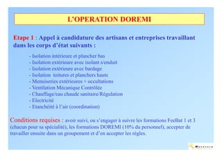 L’OPERATION DOREMI

 Etape 1 : Appel à candidature des artisans et entreprises travaillant
 dans les corps d’état suivants :
        - Isolation intérieure et plancher bas
        - Isolation extérieure avec isolant s/enduit
        - Isolation extérieure avec bardage
        - Isolation toitures et planchers hauts
        - Menuiseries extérieures + occultations
        - Ventilation Mécanique Contrôlée
        - Chauffage/eau chaude sanitaire/Régulation
        - Electricité
        - Etanchéité à l’air (coordination)

Conditions requises : avoir suivi, ou s’engager à suivre les formations FeeBat 1 et 3
(chacun pour sa spécialité), les formations DOREMI (10% du personnel), accepter de
travailler ensuite dans un groupement et d’en accepter les règles.

                                                                                        ENERTECH
 