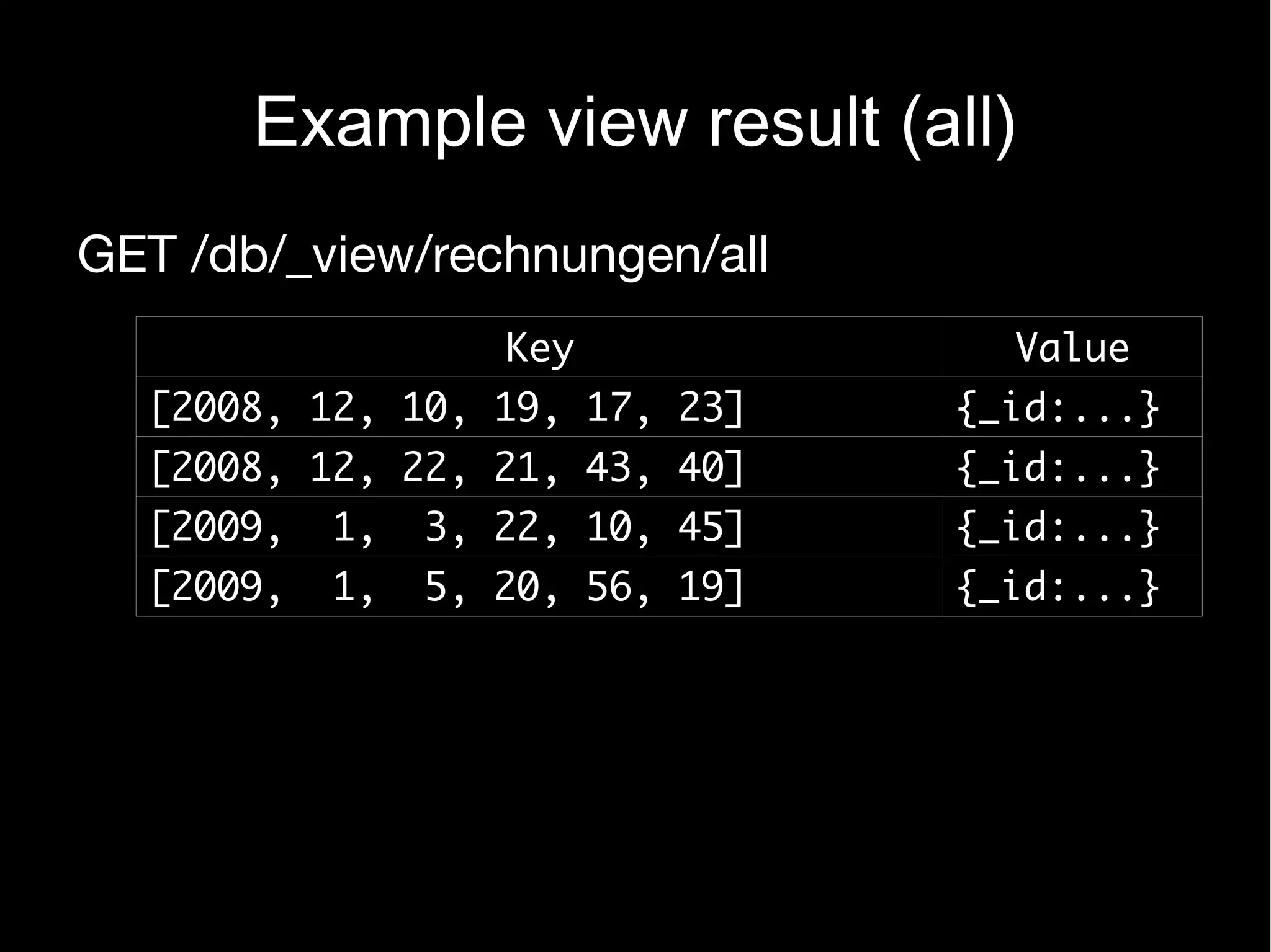 Example view result (all)
GET /db/_view/rechnungen/all
                   Key             Value
  [2008, 12, 10, 19, 17, 23]     {_id:...}
  [2008, 12, 22, 21, 43, 40]     {_id:...}
  [2009,   1,   3, 22, 10, 45]   {_id:...}
  [2009,   1,   5, 20, 56, 19]   {_id:...}
 