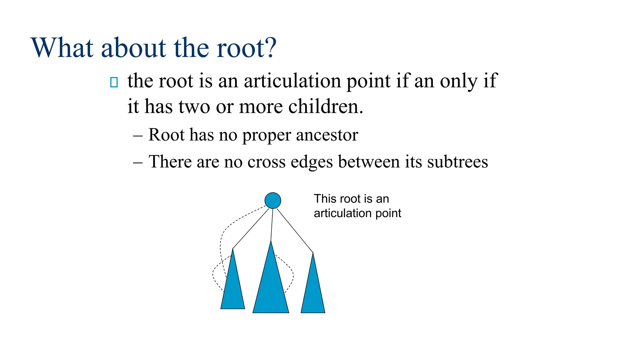 What about the root?
the root is an articulation point if an only if
it has two or more children.
– Root has no proper ancestor
– There are no cross edges between its subtrees
This root is an
articulation point
 