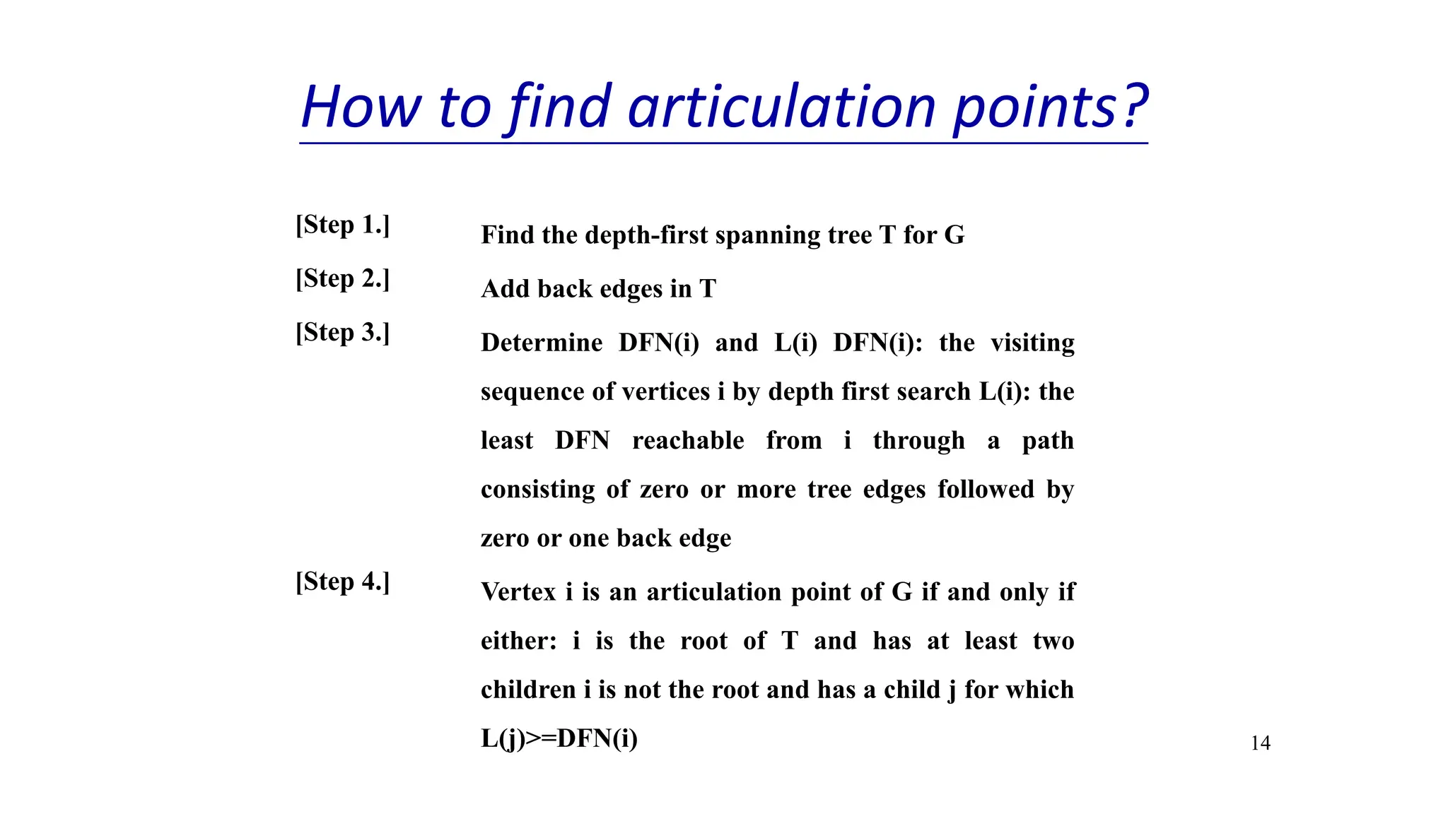 14
How to find articulation points?
[Step 1.] Find the depth-first spanning tree T for G
[Step 2.] Add back edges in T
[Step 3.] Determine DFN(i) and L(i) DFN(i): the visiting
sequence of vertices i by depth first search L(i): the
least DFN reachable from i through a path
consisting of zero or more tree edges followed by
zero or one back edge
[Step 4.] Vertex i is an articulation point of G if and only if
either: i is the root of T and has at least two
children i is not the root and has a child j for which
L(j)>=DFN(i)
 