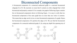 20
A biconnected component of a connected undirected graph is a maximal biconnected
subgraph, H, of G. By maximal, we mean that G contains no other subgraph that is both
biconnected and properly contains H. For example, the graph of following Figure contains
the six biconnected components shown in following Figure . It is easy to verify that two
biconnected components of the same graph have no more than one vertex in common.
This means that no edge can be in two or more biconnected components of a graph. Hence,
the biconnected components of G partition the edges of G. We can find the biconnected
components of a connected undirected graph, G, by using any depth first spanning tree of
G.
Biconnected Components
 