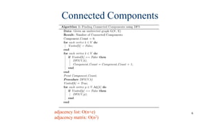 6
Connected Components
adjacency list: O(n+e)
adjacency matrix: O(n2)
 