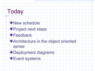 Today
New schedule
Project next steps
Feedback
Architecture in the object oriented
sense
Deployment diagrams
Event systems
 