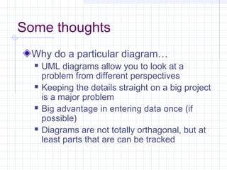 Some thoughts
Why do a particular diagram…
 UML diagrams allow you to look at a
problem from different perspectives
 Keeping the details straight on a big project
is a major problem
 Big advantage in entering data once (if
possible)
 Diagrams are not totally orthagonal, but at
least parts that are can be tracked
 