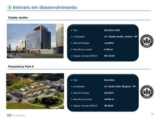 12
Cidade Jardim
Imóveis em desenvolvimento
Panamérica Park II
 Tipo: Escritório
 Localização : Av. Guido Calói, Marginal - SP
 Data de Entrega: Dez/2011
 Área Bruta Locável: 29.004 m²
 Aluguel previsto (R$/m²): R$ 48,00
 Tipo: Escritório AAA
 Localização: Av. Cidade Jardim, Jardins - SP
 Data de Entrega: Jun/2012
 Área Bruta Locável: 6.792 m²
 Aluguel previsto (R$/m²): R$ 125,00
3
 
