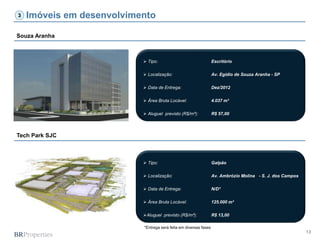 13
Souza Aranha
Tech Park SJC
 Tipo: Galpão
 Localização: Av. Ambrózio Molina - S. J. dos Campos
 Data de Entrega: N/D*
 Área Bruta Locável: 125.000 m²
Aluguel previsto (R$/m²): R$ 13,00
 Tipo: Escritório
 Localização: Av. Egídio de Souza Aranha - SP
 Data de Entrega: Dez/2012
 Área Bruta Locável: 4.037 m²
 Aluguel previsto (R$/m²): R$ 57,00
*Entrega será feita em diversas fases
Imóveis em desenvolvimento3
 