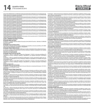 14

quarta-feira

27 de novembro de 2013

Comunicado CM249182/2013, do Ministério da Educação informando a liberação de recursos financeiros destinados a execução de programas do Fundo Nacional de Desenvolvimento da Educação. À SECRETARIA PARA
CONHECIMENTO DOS SENHORES VEREADORES.
Comunicado CM249179/2013, do Ministério da Educação informando a liberação de recursos financeiros destinados a execução de programas do Fundo Nacional de Desenvolvimento da Educação. À SECRETARIA PARA
CONHECIMENTO DOS SENHORES VEREADORES.
Comunicado CM249188/2013, do Ministério da Educação informando a liberação de recursos financeiros destinados a execução de programas do Fundo Nacional de Desenvolvimento da Educação. À SECRETARIA PARA
CONHECIMENTO DOS SENHORES VEREADORES.
Comunicado CM249189/2013, do Ministério da Educação informando a liberação de recursos financeiros destinados a execução de programas do Fundo Nacional de Desenvolvimento da Educação. À SECRETARIA PARA
CONHECIMENTO DOS SENHORES VEREADORES.
Comunicado CM249187/2013, do Ministério da Educação informando a liberação de recursos financeiros destinados a execução de programas do Fundo Nacional de Desenvolvimento da Educação. À SECRETARIA PARA
CONHECIMENTO DOS SENHORES VEREADORES.
Comunicado CM249178/2013, do Ministério da Educação informando a liberação de recursos financeiros destinados a execução de programas do Fundo Nacional de Desenvolvimento da Educação. À SECRETARIA PARA
CONHECIMENTO DOS SENHORES VEREADORES.
Comunicado CM249183/2013, do Ministério da Educação informando a liberação de recursos financeiros destinados a execução de programas do Fundo Nacional de Desenvolvimento da Educação. À SECRETARIA PARA
CONHECIMENTO DOS SENHORES VEREADORES.
Súmula do Expediente recebido no período de 29 de outubro a 05 de novembro de 2013. À SECRETARIA PARA
CONHECIMENTO DOS SENHORES VEREADORES.
2ª Parte – Expediente dos Senhores Vereadores:
PROJETO DE DECRETO LEGISLATIVO
Do Vereador Walter dos Santos
Nº 0028/2013 - Concede o título de Cidadão de Guarujá ao Senhor Michel Tuma Ness - (Michelão). À COMISSÃO
DE JUSTIÇA E REDAÇÃO.
PROJETOS DE LEI
Do Vereador Luciano de Moraes Rocha
Nº 0145/2013 - Denomina Hermínio Amado o logradouro que especifica e dá outras providências. ÀS COMISSÕES DE JUSTIÇA E REDAÇÃO e de FINANÇAS E ORÇAMENTO.
Do Vereador Valdemir Batista Santana
Nº 0144/2013 - Institui o Projeto Inscrição Solidária para Corridas e Caminhadas de Rua no Município de Guarujá, e dá outras providências. ÀS COMISSÕES DE JUSTIÇA E REDAÇÃO, FINANÇAS E ORÇAMENTO e de TURISMO,
EDUCAÇÃO e ASSISTÊNCIA SOCIAL.
PROJETOS DE LEI COMPLEMENTAR
Do Vereador Jaime Ferreira de Lima Filho
Nº 0028/2013 - Altera-se o artigo 686 do Projeto de Lei Municipal nº 135/2012, e dá outras providências. ÀS
COMISSÕES DE JUSTIÇA E REDAÇÃO, FINANÇAS E ORÇAMENTO e de TURISMO, EDUCAÇÃO E ASSISTÊNCIA
SOCIAL.
Nº 0029/2013 - Altera-se o artigo 687 do Projeto de Lei Municipal nº 135/2012, que passará a vigorar com a seguinte redação. ÀS COMISSÕES DE JUSTIÇA E REDAÇÃO, FINANÇAS E ORÇAMENTO e de TURISMO, EDUCAÇÃO
E ASSISTÊNCIA SOCIAL.
Nº 0030/2013 - Altera-se o artigo 688 do Projeto de Lei Municipal nº 135/2012, e dá outras providências. ÀS
COMISSÕES DE JUSTIÇA E REDAÇÃO, FINANÇAS E ORÇAMENTO e de TURISMO, EDUCAÇÃO E ASSISTÊNCIA
SOCIAL.
PROJETO DE RESOLUÇÃO
Do Vereador Mário Lúcio da Conceição
Nº 0054/2013 - Prorroga o prazo da Comissão de Assuntos Relevantes nomeada pela Resolução nº 001/2013.
À ORDEM DO DIA DA PRESENTE SESSÃO.
INDICAÇÕES
Do Vereador Antonio Fidalgo Salgado Neto
Nº 4238/2013 - Solicita do Executivo que determine à Secretaria competente, providências visando a revitalização da Praça da Saudade, em frente ao Cemitério da Saudade, com melhorias na iluminação, recuperação
da pista de Skate e instalação de Academia ao ar livre, bairro da Vila Júlia. À SECRETARIA PARA AS DEVIDAS
PROVIDÊNCIAS.
Nº 4239/2013 - Solicita do Executivo que determine à Secretaria competente, providências visando a limpeza,
capinação e remoção de lixo no canteiro central da Av. Azor Gomes de Almeida, Jardim Três Marias. À SECRETARIA PARA AS DEVIDAS PROVIDÊNCIAS.
Nº 4240/2013 - Solicita do Executivo que determine à Secretaria competente, providências visando a recuperação asfáltica do cruzamento da Av. Santa Maria com a Rua Dois de junho, Vila Júlia. À SECRETARIA PARA AS
DEVIDAS PROVIDÊNCIAS.
Nº 4241/2013 - Solicita do Executivo que determine à Secretaria competente, providências visando o nivelamento de bloquetes, bem como limpeza e manutenção de bocas de lobo na Rua Silvio Rolim, Jardim São
Miguel. À SECRETARIA PARA AS DEVIDAS PROVIDÊNCIAS.
Nº 4242/2013 - Solicita do Executivo que determine à Secretaria competente, providências visando a recuperação asfáltica em toda extensão da Rua Santo Amaro, Vila Maia. À SECRETARIA PARA AS DEVIDAS PROVIDÊNCIAS.
Nº 4243/2013 - Solicita do Executivo que determine à Secretaria competente, providências visando a revitalização da Praça existente na Rua Rubens Cabral, esquina com a Rua Onze, Santa Rosa III. À SECRETARIA PARA
AS DEVIDAS PROVIDÊNCIAS.
Nº 4244/2013 - Solicita do Executivo que determine à Secretaria competente, providências visando a recuperação asfáltica de toda extensão da Rua Francisco Triunfo Moreira, bem como desobstrução das bocas de lobo,
Pae Cará. À SECRETARIA PARA AS DEVIDAS PROVIDÊNCIAS.
Nº 4245/2013 - Solicita do Executivo que determine à Secretaria competente, providências visando a recuperação asfáltica em toda extensão da Rua André Rebouças, Pae Cará. À SECRETARIA PARA AS DEVIDAS PROVIDÊNCIAS.
Nº 4246/2013 - Solicita do Executivo que determine à Secretaria competente, providências visando a limpeza,
capinação, remoção de lixo e entulho da Praça localizada no cruzamento das Ruas João Maria Junior e Celina
Pardal dos Santos, Santa Rosa. À SECRETARIA PARA AS DEVIDAS PROVIDÊNCIAS.

Diário Oficial
GUARUJÁ
Nº 4247/2013 - Solicita do Executivo que determine à Secretaria competente, providências visando a recuperação asfáltica em toda extensão da Av. Humberto Prieto Peres, sentido praia, Jardim Guaiúba. À SECRETARIA
PARA AS DEVIDAS PROVIDÊNCIAS.
Nº 4248/2013 - Solicita do Executivo que determine à Secretaria competente, providências visando a limpeza,
desentupimento e manutenção de boca de lobo no cruzamento das Ruas Adelino Cardoso e Azuil Loureiro,
Santa Rosa. À SECRETARIA PARA AS DEVIDAS PROVIDÊNCIAS.
Nº 4249/2013 - Solicita do Executivo que determine à Secretaria competente, providências visando a limpeza,
capinação, remoção de lixo e entulho da Praça localizada no cruzamento das ruas Adelino Cardoso e Azuil
Loureiro, Santa Rosa. À SECRETARIA PARA AS DEVIDAS PROVIDÊNCIAS.
Nº 4250/2013 - Solicita do Executivo que determine à Secretaria competente, providências visando a limpeza,
desentupimento e manutenção de boca de lobo em frente ao número 134, da Av. Um esquina com a Rua Cinco, Jardim Mar e Céu. À SECRETARIA PARA AS DEVIDAS PROVIDÊNCIAS.
Nº 4251/2013 - Solicita do Executivo que determine à Secretaria competente, providências visando a limpeza,
desentupimento e manutenção de boca de lobo em frente ao número 190, da Av. Pernambuco, Balneário Praia
de Pernambuco. À SECRETARIA PARA AS DEVIDAS PROVIDÊNCIAS.
Nº 4252/2013 - Solicita do Executivo que determine à Secretaria competente, providências visando o nivelamento e colocação de pó de pedra e/ou similares na Av. das Américas, Jardim Enseada. À SECRETARIA PARA
AS DEVIDAS PROVIDÊNCIAS.
Nº 4253/2013 - Solicita do Executivo que determine à Secretaria competente, providências visando a realização de operação tapa buracos nas proximidades do número 255 da Estrada do Pernambuco, Balneário Praia
do Pernambuco. À SECRETARIA PARA AS DEVIDAS PROVIDÊNCIAS.
Nº 4254/2013 - Solicita do Executivo que determine à Secretaria competente, providências visando reforço
de segurança em datas comemorativas nos cemitérios do Município, assim como permanência de efetivo da
guarda municipal durante todo o ano. À SECRETARIA PARA AS DEVIDAS PROVIDÊNCIAS.
Do Vereador Edilson Dias de Andrade
Nº 4442/2013 - Solicita do Executivo que determine à Secretaria competente, providências visando abertura
de nova licitação visando novo contrato de prestação de serviço público de transporte coletivo. À SECRETARIA
PARA AS DEVIDAS PROVIDÊNCIAS.
Nº 4443/2013 - Solicita do Executivo que determine à Secretaria competente, providências visando a abertura
de pelo menos uma Unidade da Farmácia do Cidadão, durante os finais de semana e feriados. À SECRETARIA
PARA AS DEVIDAS PROVIDÊNCIAS.
Do Vereador Elias José de Lima
Nº 4423/2013 - Solicita do Executivo que determine à Secretaria competente, providências visando a desobstrução e manutenção de bueiros e diversos serviços de zeladoria na Rua Augusto Simões com a Av. Francisco
Arnaldo Gimenez, bairro Santo Antonio. À SECRETARIA PARA AS DEVIDAS PROVIDÊNCIAS.
Nº 4424/2013 - Solicita do Executivo que determine à Secretaria competente, providências visando a manutenção e o nivelamento em toda extensão da Av. Vereador Lydio Martins Correia, Morrinhos. À SECRETARIA
PARA AS DEVIDAS PROVIDÊNCIAS.
Nº 4425/2013 - Solicita do Executivo que determine à Secretaria competente, providências visando a desobstrução e manutenção de bueiros e diversos serviços de zeladoria em toda extensão da Av. Eva Pereira dos
Santos com a Av. Antenor Pimentel, Morrinhos. À SECRETARIA PARA AS DEVIDAS PROVIDÊNCIAS.
Nº 4426/2013 - Solicita do Executivo que determine à Secretaria competente, providências visando a limpeza, remoção de lixo e entulho, limpeza das galerias de águas pluviais, pintura de guias e zeladoria em toda
extensão da Rua Visconde Inhauma, altura do número 165, Parque Estuário. À SECRETARIA PARA AS DEVIDAS
PROVIDÊNCIAS.
Nº 4427/2013 - Solicita do Executivo que determine à Secretaria competente, providências visando a limpeza
das galerias de águas pluviais, remoção de lixo e entulho, pintura de guias e zeladoria em toda extensão da
Rua Visconde de Inhauma, altura do número 185, Parque Estuário. À SECRETARIA PARA AS DEVIDAS PROVIDÊNCIAS.
Nº 4428/2013 - Solicita do Executivo que determine à Secretaria competente, providências visando a operação
tapa buracos em toda extensão da Rua Santo Antonio com a Rua da Vitória, Vila Júlia. À SECRETARIA PARA AS
DEVIDAS PROVIDÊNCIAS.
Nº 4429/2013 - Solicita do Executivo que determine à Secretaria competente, providências visando a desobstrução e a manutenção dos bueiros, capinação, limpeza, remoção de lixo, manutenção das bocas de lobo e
troca das tampas, limpeza das galerias de águas pluviais, pintura das guias, reparos estruturais nas escadarias
e zeladoria, em toda extensão da Av. Marjory Prado, altura do número 1590, Morro do Bil, Maré Mansa. À SECRETARIA PARA AS DEVIDAS PROVIDÊNCIAS.
Nº 4430/2013 - Solicita do Executivo que determine à Secretaria competente, providências visando a operação
tapa buracos na Av. Vereador Lydio Martins Correia, em frente ao cemitério e em toda extensão, Morrinhos. À
SECRETARIA PARA AS DEVIDAS PROVIDÊNCIAS.
Nº 4431/2013 - Solicita do Executivo que determine à Secretaria competente, providências visando operação
tapa buracos na Av. Antenor Pimentel, em toda sua extensão, Morrinhos. À SECRETARIA PARA AS DEVIDAS
PROVIDÊNCIAS.
Nº 4432/2013 - Solicita do Executivo que determine à Secretaria competente, providências visando diversos
serviços de manutenção e zeladoria em toda extensão da Rua Gino Fabris, Travessa Fabri Gaze, Santa Rosa III.
À SECRETARIA PARA AS DEVIDAS PROVIDÊNCIAS.
Nº 4433/2013 - Solicita do Executivo que determine à Secretaria competente, providências visando a execução
de diversos serviços e zeladoria em toda extensão da Rua Manoel Penellas, Santa Rosa III. À SECRETARIA PARA
AS DEVIDAS PROVIDÊNCIAS.
Do Vereador Geraldo Soares Galvão
Nº 4417/2013 - Solicita do Executivo que determine à Secretaria competente, providências visando a instalação de faixa de travessia de pedestres e placas de sinalização na Escola Municipal Dr. Napoleão Rodrigues
Laureano, Monteiro da Cruz. À SECRETARIA PARA AS DEVIDAS PROVIDÊNCIAS.
Nº 4418/2013 - Solicita do Executivo que determine à Secretaria competente, providências visando a pavimentação da Rua Brigadeiro Eduardo Gomes, esquina com a Rua Arilene Farinazo Ferreira, Jardim Boa Esperança. À
SECRETARIA PARA AS DEVIDAS PROVIDÊNCIAS.
Nº 4419/2013 - Solicita do Executivo que determine à Secretaria competente, providências visando a manutenção e a limpeza das galerias de águas pluviais, em toda extensão da Rua João Otavio Azevedo esquina com
a Rua João Veneziano, Monteiro da Cruz. À SECRETARIA PARA AS DEVIDAS PROVIDÊNCIAS.
Nº 4420/2013 - Solicita do Executivo que determine à Secretaria competente, providências visando a operação
tapa buracos na Av. Alvorada, Jardim Boa Esperança. À SECRETARIA PARA AS DEVIDAS PROVIDÊNCIAS.

 