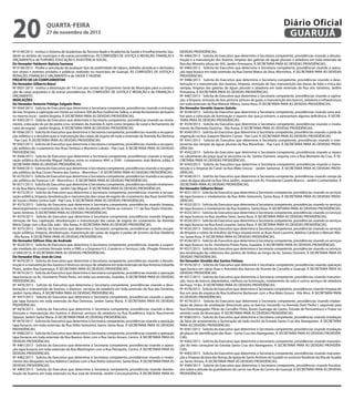 20

quarta-feira

27 de novembro de 2013

Nº 0149/2013 - Institui o Sistema de Academias da Terceira Idade e Academia da Saúde e Envelhecimento Saudável no âmbito do município e dá outras providências. ÀS COMISSÕES DE JUSTIÇA E REDAÇÃO, FINANÇAS E
ORÇAMENTO e de TURISMO, EDUCAÇÃO E ASSISTÊNCIA SOCIAL.
Do Vereador Valdemir Batista Santana
Nº 0146/2013 - Proíbe a veiculação de qualquer tipo de publicidade de tabaco, bebidas alcóolicas e derivados
nos shows e eventos privados e públicos realizado no município de Guarujá. ÀS COMISSÕES DE JUSTIÇA E
REDAÇÃO, FINANÇAS E ORÇAMENTO e de SAÚDE E HIGIENE.
PROJETO DE LEI COMPLEMENTAR
Do Vereador Gilberto Benzi
Nº 0031/2013 - Institui a destinação de 1% (um por cento) do Orçamento Geral do Município para a construção de casas populares e dá outras providências. ÀS COMISSÕES DE JUSTIÇA E REDAÇÃO e de FINANÇAS E
ORÇAMENTO.
INDICAÇÕES
Do Vereador Antonio Fidalgo Salgado Neto
Nº 4564/2013 - Solicita do Executivo que determine à Secretaria competente, providências visando a remoção
de lixo, limpeza e capinação em frente ao número 300 da Rua Guilherme Salera, e ainda fechamento de bueiro
no mesmo local - Jardim Virgínia. À SECRETARIA PARA AS DEVIDAS PROVIDÊNCIAS.
Nº 4565/2013 - Solicita do Executivo que determine à Secretaria competente, providências visando ao nivelamento, colocação de pó de pedra e/ou similares da Avenida A, bem como limpeza de canal e fechamento de
caixa de esgoto - Jardim Virgínia. À SECRETARIA PARA AS DEVIDAS PROVIDÊNCIAS.
Nº 4566/2013 - Solicita do Executivo que determine à Secretaria competente, providências visando a recuperação asfáltica e a desobstrução e manutenção das caixas de esgoto de toda a extensão da Avenida Rui Barbosa
- Pae Cará. À SECRETARIA PARA AS DEVIDAS PROVIDÊNCIAS.
Nº 4567/2013 - Solicita do Executivo que determine à Secretaria competente, providências visando a recuperação asfáltica do cruzamento das Ruas Tambaú e Monteiro Lobato - Pae Cará. À SECRETARIA PARA AS DEVIDAS
PROVIDÊNCIAS.
Nº 4568/2013 - Solicita do Executivo que determine a Secretaria competente, providências visando à recuperação asfáltica da Avenida Miguel Stéfano, entre os números 4941 e 5540 - Loteamento João Batista Julião. À
SECRETARIA PARA AS DEVIDAS PROVIDÊNCIAS.
Nº 4569/2013 - Solicita do Executivo que determine à Secretaria competente, providências visando a recuperação asfáltica da Rua Cícero Pereira dos Santos - Morrinhos I. À SECRETARIA PARA AS DEVIDAS PROVIDÊNCIAS.
Nº 4570/2013 - Solicita do Executivo que determine à Secretaria competente, providências visando a recuperação asfáltica da Travessa 120 - Morrinhos I. À SECRETARIA PARA AS DEVIDAS PROVIDÊNCIAS.
Nº 4571/2013 - Solicita do Executivo que determine à Secretaria competente, providências visando nivelamento da Rua Maria Araújo Correia - Jardim São Miguel. À SECRETARIA PARA AS DEVIDAS PROVIDÊNCIAS.
Nº 4572/2013 - Solicita do Executivo que determine à Secretaria competente, providências visando a recuperação asfáltica, limpeza, desobstrução e manutenção das caixas de esgoto do cruzamento das Ruas Gentil Félix
de Souza x Padre Levino Galli - Pae Cará. À SECRETARIA PARA AS DEVIDAS PROVIDÊNCIAS.
Nº 4573/2013 - Solicita do Executivo que determine à Secretaria competente, providências visando limpeza,
desentupimento e manutenção da boca de lobo localizada em frente ao número 711 da Rua Paulo Orlando Santo Antônio. À SECRETARIA PARA AS DEVIDAS PROVIDÊNCIAS.
Nº 4574/2013 - Solicita do Executivo que determine à Secretaria competente, providências visando limpeza,
remoção de lixo, capinação, desobstrução e manutenção das caixas de esgoto do cruzamento da Avenida
Mário Daige com a Rua São João - Vila Áurea. À SECRETARIA PARA AS DEVIDAS PROVIDÊNCIAS.
Nº 4575/2013 - Solicita do Executivo que determine à Secretaria competente, providências visando recuperação asfáltica, limpeza, desobstrução, manutenção de caixas de esgoto e podas de árvores da Rua Diadema
- Vila Áurea. À SECRETARIA PARA AS DEVIDAS PROVIDÊNCIAS.
Do Vereador Edilson Dias de Andrade
Nº 4524/2013 - Solicita do Executivo que determine à Secretaria competente, providências visando a suspensão imediata do contrato firmado entre a PMG e a Empresa H.S. Comércio e Serviços Ltda. (Pregão Presencial
nº 099/2013). À SECRETARIA PARA AS DEVIDAS PROVIDÊNCIAS.
Do Vereador Elias José de Lima
Nº 4474/2013 - Solicita do Executivo que determine à Secretaria competente, providências visando a desobstrução e a manutenção dos bueiros e diversos serviços de zeladoria em toda extensão da Rua Antonio Eduardo
Pirani, Jardim Boa Esperança. À SECRETARIA PARA AS DEVIDAS PROVIDÊNCIAS.
Nº 4475/2013 - Solicita do Executivo que determine à Secretaria competente, providências visando a operação
tapa buracos na Av. Humberto Prieto Peres, em toda sua extensão, Guaiúba. À SECRETARIA PARA AS DEVIDAS
PROVIDÊNCIAS.
Nº 4476/2013 - Solicita do Executivo que determine à Secretaria competente, providências visando a desobstrução e manutenção de bueiros, e diversos serviços de zeladoria em toda extensão da Rua das Ostreiras,
Jardim Santa Maria. À SECRETARIA PARA AS DEVIDAS PROVIDÊNCIAS.
Nº 4477/2013 - Solicita do Executivo que determine à Secretaria competente, providências visando a operação tapa buracos em toda extensão da Rua Ostreiras, Jardim Santa Maria. À SECRETARIA PARA AS DEVIDAS
PROVIDÊNCIAS.
Nº 4478/2013 - Solicita do Executivo que determine à Secretaria competente, providências visando a desobstrução e manutenção dos bueiros e diversos serviços de zeladoria na Rua Acadêmico Inácio Nascimento
Opazzo, Jardim Santa Maria. À SECRETARIA PARA AS DEVIDAS PROVIDÊNCIAS.
Nº 4479/2013 - Solicita do Executivo que determine à Secretaria competente, providências visando a operação
tapa buracos, em toda extensão da Rua Atilio Gelsomini, bairro Santa Rosa. À SECRETARIA PARA AS DEVIDAS
PROVIDÊNCIAS.
Nº 4480/2013 - Solicita do Executivo que determine à Secretaria competente, providências visando a operação
tapa buracos em toda extensão da Rua Buenos Aires com a Rua Santo Amaro, Centro. À SECRETARIA PARA AS
DEVIDAS PROVIDÊNCIAS.
Nº 4481/2013 - Solicita do Executivo que determine à Secretaria competente, providências visando a operação tapa buracos em toda extensão da Rua Washington com a Rua Petrópolis, Centro. À SECRETARIA PARA AS
DEVIDAS PROVIDÊNCIAS.
Nº 4482/2013 - Solicita do Executivo que determine à Secretaria competente, providências visando o nivelamento dos bloquetes na Rua Adelino Cardoso com a Rua Attilio Gelsomini, Santa Rosa. À SECRETARIA PARA AS
DEVIDAS PROVIDÊNCIAS.
Nº 4483/2013 - Solicita do Executivo que determine à Secretaria competente, providências visando desobstrução de bueiros em toda extensão na Rua José de Almeida, Jardim Conceiçãozinha. À SECRETARIA PARA AS

Diário Oficial
GUARUJÁ
DEVIDAS PROVIDÊNCIAS.
Nº 4484/2013 - Solicita do Executivo que determine à Secretaria competente, providências visando a desobstrução e a manutenção dos bueiros, limpeza das galerias de águas pluviais e zeladoria em toda extensão da
Rua dos Miosótis altura do 505, Jardim Primavera. À SECRETARIA PARA AS DEVIDAS PROVIDÊNCIAS.
Nº 4485/2013 - Solicita do Executivo que determine à Secretaria competente, providências visando a operação tapa buraco em toda extensão da Rua Daniel Matos da Silva, Morrinhos. À SECRETARIA PARA AS DEVIDAS
PROVIDÊNCIAS.
Nº 4486/2013 - Solicita do Executivo que determine à Secretaria competente, providências visando a desobstrução e a manutenção dos bueiros, limpeza, remoção de lixo, manutenção das bocas de lobo e troca das
tampas, limpeza das galerias de águas pluviais e zeladoria em toda extensão da Rua dos Gerânios, Jardim
Primavera. À SECRETARIA PARA AS DEVIDAS PROVIDÊNCIAS.
Nº 4487/2013 - Solicita do Executivo que determine à Secretaria competente, providências visando a capinação, a limpeza, remoção de lixo, pintura, pintura de guias, a manutenção dos bancos, zeladoria e infraestrutura
em toda extensão da Rua Manoel Albino, Santa Rosa. À SECRETARIA PARA AS DEVIDAS PROVIDÊNCIAS.
Do Vereador Geraldo Soares Galvão
Nº 4538/2013 - Solicita do Executivo que determine à Secretaria competente, providências visando uma análise para a colocação de iluminação e reparos das que já existem, e apresentam alguma deficiência. À SECRETARIA PARA AS DEVIDAS PROVIDÊNCIAS.
Nº 4539/2013 - Solicita do Executivo que determine à Secretaria competente, providências visando o nivelamento da Alameda Duartina - Vila Áurea. À SECRETARIA PARA AS DEVIDAS PROVIDÊNCIAS.
Nº 4540/2013 - Solicita do Executivo que determine à Secretaria competente, providências visando a poda da
vegetação na Rua Joaquim Martins Correa - Pae Cará. À SECRETARIA PARA AS DEVIDAS PROVIDÊNCIAS.
Nº 4541/2013 - Solicita do Executivo que determine à Secretaria competente, providências visando o nivelamento das tampas de águas pluviais da Rua Maranhão - Pae Cará. À SECRETARIA PARA AS DEVIDAS PROVIDÊNCIAS.
Nº 4542/2013 - Solicita do Executivo que determine à Secretaria competente, providências visando o reparo
no calçamento da praça qual se encontra na Av. Santos Dumont, esquina com a Rua Monteiro da Cruz. À SECRETARIA PARA AS DEVIDAS PROVIDÊNCIAS.
Nº 4543/2013 - Solicita do Executivo que determine à Secretaria competente, providências visando a manutenção e a limpeza do Canal na Rua Mato Grosso - Jardim Santense. À SECRETARIA PARA AS DEVIDAS PROVIDÊNCIAS.
Nº 4544/2013 - Solicita do Executivo que determine à Secretaria competente, providências visando rampa da
caixa de água pluvial na Rua Silva Jardim, esquina com Av. Presidente Castelo Branco - Jardim Cunhambebe. À
SECRETARIA PARA AS DEVIDAS PROVIDÊNCIAS.
Do Vereador Gilberto Benzi
Nº 4531/2013 - Solicita do Executivo que determine à Secretaria competente, providências visando os serviços
de tapa buracos e nivelamento da Rua Atílio Gelsomini, Santa Rosa. À SECRETARIA PARA AS DEVIDAS PROVIDÊNCIAS.
Nº 4532/2013 - Solicita do Executivo que determine à Secretaria competente, providências visando os serviços
de tapa buracos e nivelamento da Rua Estaleiro, Santa Rosa. À SECRETARIA PARA AS DEVIDAS PROVIDÊNCIAS.
Nº 4533/2013 - Solicita do Executivo que determine à Secretaria competente, providências visando os serviços
de tapa buracos na Rua Josefina Sório, Santa Rosa. À SECRETARIA PARA AS DEVIDAS PROVIDÊNCIAS.
Nº 4534/2013 - Solicita do Executivo que determine à Secretaria competente, providências visando os serviços
de tapa buracos na Rua Azuil Loureiro, Santa Rosa. À SECRETARIA PARA AS DEVIDAS PROVIDÊNCIAS.
Nº 4535/2013 - Solicita do Executivo que determine à Secretaria competente, providências visando os serviços
de limpeza e coleta de entulhos da Praça situada entre as Ruas Azuil Loureiro, Adelino Cardoso e Manuel Albino, Santa Rosa. À SECRETARIA PARA AS DEVIDAS PROVIDÊNCIAS.
Nº 4536/2013 - Solicita do Executivo que determine à Secretaria competente, providências visando os serviços
de tapa buracos na Av. Humberto Prieto Peres, Guaiúba. À SECRETARIA PARA AS DEVIDAS PROVIDÊNCIAS.
Nº 4537/2013 - Solicita do Executivo que determine à Secretaria competente, providências visando os serviços
pra recolocação da cobertura dos pontos de ônibus ao longo da Av. Santos Dumont. À SECRETARIA PARA AS
DEVIDAS PROVIDÊNCIAS.
Do Vereador Givaldo dos Santos Feitoza
Nº 4576/2013 - Solicita do Executivo que determine à Secretaria competente, providências visando operação
tapa buraco em várias Ruas e Avenidas dos bairros de Vicente de Carvalho e Guarujá. À SECRETARIA PARA AS
DEVIDAS PROVIDÊNCIAS.
Nº 4577/2013 - Solicita do Executivo que determine à Secretaria competente, providências visando manutenção, troca de bancos depredados, melhora na iluminação, nivelamento do solo e outros serviços de zeladoria
da Praça 14 bis. À SECRETARIA PARA AS DEVIDAS PROVIDÊNCIAS.
Nº 4578/2013 - Solicita do Executivo que determine à Secretaria competente, providências visando limpeza de
lixo em área da esquina da Rua Guilherme Backeuser com a Rua Mato Grosso - Vila Alice. À SECRETARIA PARA
AS DEVIDAS PROVIDÊNCIAS.
Nº 4579/2013 - Solicita do Executivo que determine à Secretaria competente, providências visando implantação de placas de sinalização direcionais para os bairros, iniciando na Avenida Dom Pedro I, seguindo pela
Rua Desembargador Plínio de Carvalho Pinto, Áureo Guenaga de Castro, Estrada de Pernambuco e Praias no
sentido Leste do Município. À SECRETARIA PARA AS DEVIDAS PROVIDÊNCIAS.
Nº 4580/2013 - Solicita do Executivo que determine à Secretaria competente, providências visando instalação
de faixa de acostamento e iluminação de todo trecho da Estrada Santa Cruz dos Navegantes. À SECRETARIA
PARA AS DEVIDAS PROVIDÊNCIAS.
Nº 4581/2013 - Solicita do Executivo que determine à Secretaria competente, providências visando instalação
de placas de identificação das Ruas - Santa Cruz dos Navegantes. À SECRETARIA PARA AS DEVIDAS PROVIDÊNCIAS.
Nº 4582/2013 - Solicita do Executivo que determine à Secretaria competente, providências visando manutenção do leito carroçável da Estrada Santa Cruz dos Navegantes. À SECRETARIA PARA AS DEVIDAS PROVIDÊNCIAS.
Nº 4583/2013 - Solicita do Executivo que determine à Secretaria competente, providências visando manutenção e limpeza da área das Ruínas da Igreja de Santo Antônio do Guaibê no extremo Nordeste da Ilha de Guaíbe
ou Santo Amaro. À SECRETARIA PARA AS DEVIDAS PROVIDÊNCIAS.
Nº 4584/2013 - Solicita do Executivo que determine à Secretaria competente, providências visando fiscalização sobre a atitude de guardadores de carros nas Ruas do Centro do Guarujá. À SECRETARIA PARA AS DEVIDAS
PROVIDÊNCIAS.

 