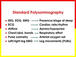 Standard Polysomnography
 EEG, EOG, EMG
 ECG
 Airflow
 Chest/abd, bands
 Pulse oximetry
 Left/right leg EMG
Presence/stage of sleep
Cardiac rate/rhythm
Apnea/hypopnea
Respiratory effort
Arterial oxygen sat
Leg movements (PLMs)
 