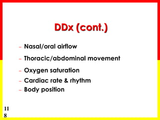 11
8
DDx (cont.)
– Nasal/oral airflow
– Thoracic/abdominal movement
– Oxygen saturation
– Cardiac rate & rhythm
– Body position
 