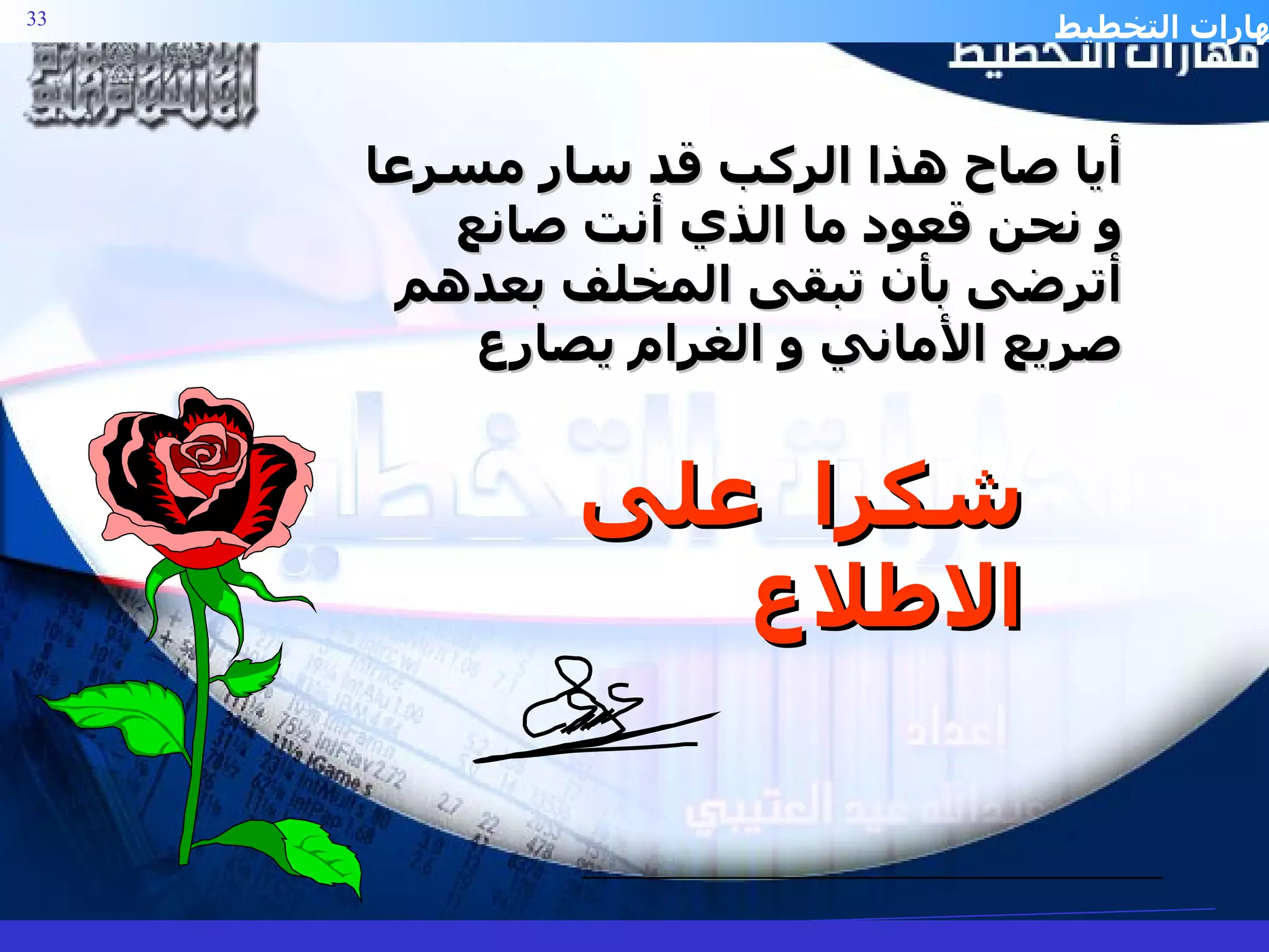 شكرا  على الاطلاع أيا صاح هذا الركب قد سار مسرعا  و نحن قعود ما الذي أنت صانع أترضى بأن تبقى المخلف بعدهم  صريع الأماني و الغرام يصارع 