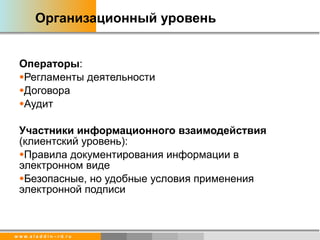 Организационный уровень Операторы : Регламенты деятельности Договора Аудит Участники информационного взаимодействия  (клиентский уровень): Правила документирования информации в электронном виде Безопасные, но удобные условия применения электронной подписи  