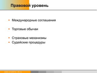 Правовой уровень Международные соглашения Торговые обычаи Страховые механизмы Судейские процедуры 
