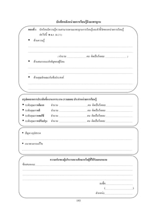 บันทึกหลังหน่ วยการเรี ยนรู้ อิงมาตรฐาน
     ตอนที      นักเรี ยนมีความรู ้ความสามารถตามมาตรฐานการเรี ยนรู ้และตัวชีวัดของหน่วยการเรี ยนรู ้
                ต่อไปนี พ . (ม. / )
          ด้านความรู ้



                              ( จํานวน                         คน คิดเป็ นร้ อยละ                      )
          ด้านสมรรถนะสําคัญของผูเ้ รี ยน



          ด้านคุณลักษณะอันพึงประสงค์




สรุปผลจากการประเมินชินงาน/ภาระงาน (รวบยอด) ประจําหน่ วยการเรียนรู้
  ระดับคุณภาพดีมาก         จํานวน                              คน คิดเป็ นร้ อยละ
  ระดับคุณภาพดี            จํานวน                              คน คิดเป็ นร้ อยละ
  ระดับคุณภาพพอใช้         จํานวน                              คน คิดเป็ นร้ อยละ
  ระดับคุณภาพปรับปรุง      จํานวน                              คน คิดเป็ นร้ อยละ


  ปั ญหา/อุปสรรค

  แนวทางการแก้ไข



                          ความเห็นของผู้บริหารสถานศึกษาหรือผู้ทได้ รับมอบหมาย
                                                               ี
ข้อเสนอแนะ




                                                                            ลงชือ
                                                                                   (                       )
                                                                        ตําแหน่ง

                                                    193
 
