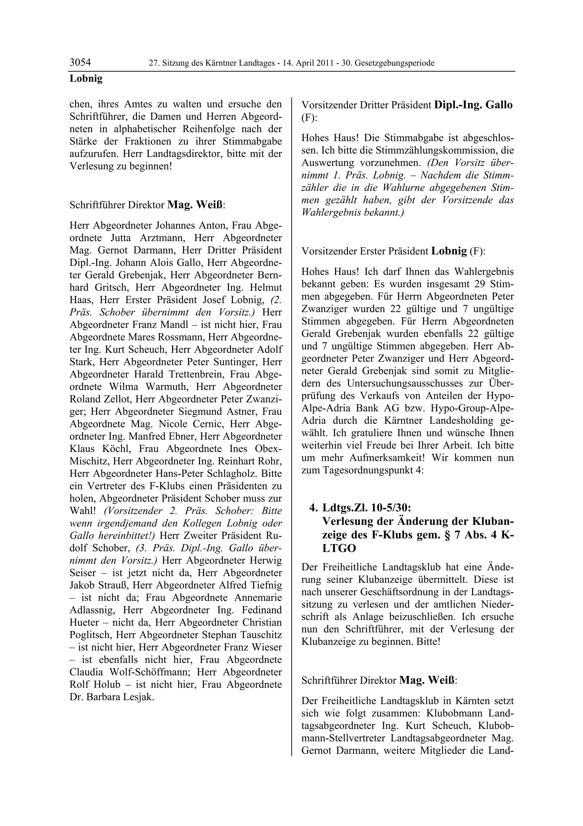 3054             27. Sitzung des Kärntner Landtages - 14. April 2011 - 30. Gesetzgebungsperiode
Lobnig

chen, ihres Amtes zu walten und ersuche den               Vorsitzender Dritter Präsident Dipl.-Ing. Gallo
Schriftführer, die Damen und Herren Abgeord-              (F):
neten in alphabetischer Reihenfolge nach der              Dipl.-Ing. Gallo


Stärke der Fraktionen zu ihrer Stimmabgabe                Hohes Haus! Die Stimmabgabe ist abgeschlos-
aufzurufen. Herr Landtagsdirektor, bitte mit der          sen. Ich bitte die Stimmzählungskommission, die
Verlesung zu beginnen!                                    Auswertung vorzunehmen. (Den Vorsitz über-
Lobnig
                                                          nimmt 1. Präs. Lobnig. – Nachdem die Stimm-
                                                          zähler die in die Wahlurne abgegebenen Stim-
Schriftführer Direktor Mag. Weiß:                         men gezählt haben, gibt der Vorsitzende das
Mag. Weiß
                                                          Wahlergebnis bekannt.)
                                                          Dipl.-Ing. Gallo

Herr Abgeordneter Johannes Anton, Frau Abge-
ordnete Jutta Arztmann, Herr Abgeordneter
Mag. Gernot Darmann, Herr Dritter Präsident               Vorsitzender Erster Präsident Lobnig (F):
Dipl.-Ing. Johann Alois Gallo, Herr Abgeordne-            Lobnig


ter Gerald Grebenjak, Herr Abgeordneter Bern-             Hohes Haus! Ich darf Ihnen das Wahlergebnis
hard Gritsch, Herr Abgeordneter Ing. Helmut               bekannt geben: Es wurden insgesamt 29 Stim-
Haas, Herr Erster Präsident Josef Lobnig, (2.             men abgegeben. Für Herrn Abgeordneten Peter
Präs. Schober übernimmt den Vorsitz.) Herr                Zwanziger wurden 22 gültige und 7 ungültige
Abgeordneter Franz Mandl – ist nicht hier, Frau           Stimmen abgegeben. Für Herrn Abgeordneten
Abgeordnete Mares Rossmann, Herr Abgeordne-               Gerald Grebenjak wurden ebenfalls 22 gültige
ter Ing. Kurt Scheuch, Herr Abgeordneter Adolf            und 7 ungültige Stimmen abgegeben. Herr Ab-
Stark, Herr Abgeordneter Peter Suntinger, Herr            geordneter Peter Zwanziger und Herr Abgeord-
Abgeordneter Harald Trettenbrein, Frau Abge-              neter Gerald Grebenjak sind somit zu Mitglie-
ordnete Wilma Warmuth, Herr Abgeordneter                  dern des Untersuchungsausschusses zur Über-
Roland Zellot, Herr Abgeordneter Peter Zwanzi-            prüfung des Verkaufs von Anteilen der Hypo-
ger; Herr Abgeordneter Siegmund Astner, Frau              Alpe-Adria Bank AG bzw. Hypo-Group-Alpe-
Abgeordnete Mag. Nicole Cernic, Herr Abge-                Adria durch die Kärntner Landesholding ge-
ordneter Ing. Manfred Ebner, Herr Abgeordneter            wählt. Ich gratuliere Ihnen und wünsche Ihnen
Klaus Köchl, Frau Abgeordnete Ines Obex-                  weiterhin viel Freude bei Ihrer Arbeit. Ich bitte
Mischitz, Herr Abgeordneter Ing. Reinhart Rohr,           um mehr Aufmerksamkeit! Wir kommen nun
Herr Abgeordneter Hans-Peter Schlagholz. Bitte            zum Tagesordnungspunkt 4:
ein Vertreter des F-Klubs einen Präsidenten zu
holen, Abgeordneter Präsident Schober muss zur
Wahl! (Vorsitzender 2. Präs. Schober: Bitte                   4. Ldtgs.Zl. 10-5/30:
wenn irgendjemand den Kollegen Lobnig oder                       Verlesung der Änderung der Kluban-
Gallo hereinbittet!) Herr Zweiter Präsident Ru-                  zeige des F-Klubs gem. § 7 Abs. 4 K-
dolf Schober, (3. Präs. Dipl.-Ing. Gallo über-                   LTGO
nimmt den Vorsitz.) Herr Abgeordneter Herwig
                                                          Der Freiheitliche Landtagsklub hat eine Ände-
Seiser – ist jetzt nicht da, Herr Abgeordneter
                                                          rung seiner Klubanzeige übermittelt. Diese ist
Jakob Strauß, Herr Abgeordneter Alfred Tiefnig
                                                          nach unserer Geschäftsordnung in der Landtags-
– ist nicht da; Frau Abgeordnete Annemarie
                                                          sitzung zu verlesen und der amtlichen Nieder-
Adlassnig, Herr Abgeordneter Ing. Fedinand
                                                          schrift als Anlage beizuschließen. Ich ersuche
Hueter – nicht da, Herr Abgeordneter Christian
                                                          nun den Schriftführer, mit der Verlesung der
Poglitsch, Herr Abgeordneter Stephan Tauschitz
                                                          Klubanzeige zu beginnen. Bitte!
– ist nicht hier, Herr Abgeordneter Franz Wieser          Lobnig


– ist ebenfalls nicht hier, Frau Abgeordnete
Claudia Wolf-Schöffmann; Herr Abgeordneter
Rolf Holub – ist nicht hier, Frau Abgeordnete             Schriftführer Direktor Mag. Weiß:
                                                          Mag. Weiß
Dr. Barbara Lesjak.
Mag. Weiß                                                 Der Freiheitliche Landtagsklub in Kärnten setzt
                                                          sich wie folgt zusammen: Klubobmann Land-
                                                          tagsabgeordneter Ing. Kurt Scheuch, Klubob-
                                                          mann-Stellvertreter Landtagsabgeordneter Mag.
                                                          Gernot Darmann, weitere Mitglieder die Land-
 