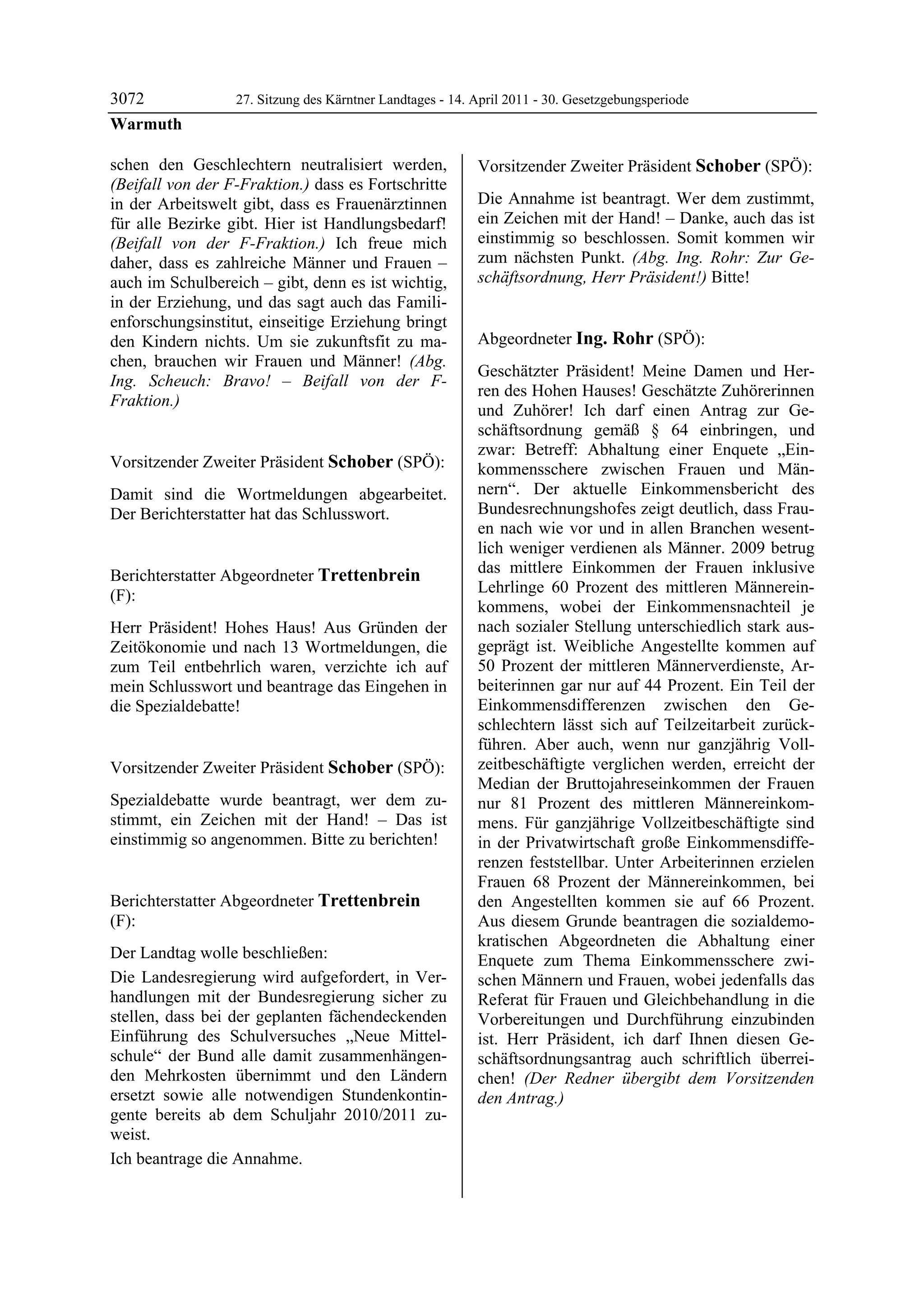 3072              27. Sitzung des Kärntner Landtages - 14. April 2011 - 30. Gesetzgebungsperiode
Warmuth

schen den Geschlechtern neutralisiert werden,              Vorsitzender Zweiter Präsident Schober (SPÖ):
(Beifall von der F-Fraktion.) dass es Fortschritte         Schober


in der Arbeitswelt gibt, dass es Frauenärztinnen           Die Annahme ist beantragt. Wer dem zustimmt,
für alle Bezirke gibt. Hier ist Handlungsbedarf!           ein Zeichen mit der Hand! – Danke, auch das ist
(Beifall von der F-Fraktion.) Ich freue mich               einstimmig so beschlossen. Somit kommen wir
daher, dass es zahlreiche Männer und Frauen –              zum nächsten Punkt. (Abg. Ing. Rohr: Zur Ge-
auch im Schulbereich – gibt, denn es ist wichtig,          schäftsordnung, Herr Präsident!) Bitte!
                                                           Schober


in der Erziehung, und das sagt auch das Famili-
enforschungsinstitut, einseitige Erziehung bringt
den Kindern nichts. Um sie zukunftsfit zu ma-              Abgeordneter Ing. Rohr (SPÖ):
chen, brauchen wir Frauen und Männer! (Abg.                Ing. Rohr

                                                           Geschätzter Präsident! Meine Damen und Her-
Ing. Scheuch: Bravo! – Beifall von der F-
                                                           ren des Hohen Hauses! Geschätzte Zuhörerinnen
Fraktion.)
Warmuth
                                                           und Zuhörer! Ich darf einen Antrag zur Ge-
                                                           schäftsordnung gemäß § 64 einbringen, und
                                                           zwar: Betreff: Abhaltung einer Enquete „Ein-
Vorsitzender Zweiter Präsident Schober (SPÖ):              kommensschere zwischen Frauen und Män-
Schober

Damit sind die Wortmeldungen abgearbeitet.                 nern“. Der aktuelle Einkommensbericht des
Der Berichterstatter hat das Schlusswort.                  Bundesrechnungshofes zeigt deutlich, dass Frau-
Schober
                                                           en nach wie vor und in allen Branchen wesent-
                                                           lich weniger verdienen als Männer. 2009 betrug
Berichterstatter Abgeordneter Trettenbrein                 das mittlere Einkommen der Frauen inklusive
(F):                                                       Lehrlinge 60 Prozent des mittleren Männerein-
Trettenbrein
                                                           kommens, wobei der Einkommensnachteil je
Herr Präsident! Hohes Haus! Aus Gründen der                nach sozialer Stellung unterschiedlich stark aus-
Zeitökonomie und nach 13 Wortmeldungen, die                geprägt ist. Weibliche Angestellte kommen auf
zum Teil entbehrlich waren, verzichte ich auf              50 Prozent der mittleren Männerverdienste, Ar-
mein Schlusswort und beantrage das Eingehen in             beiterinnen gar nur auf 44 Prozent. Ein Teil der
die Spezialdebatte!
Trettenbrein
                                                           Einkommensdifferenzen zwischen den Ge-
                                                           schlechtern lässt sich auf Teilzeitarbeit zurück-
                                                           führen. Aber auch, wenn nur ganzjährig Voll-
Vorsitzender Zweiter Präsident Schober (SPÖ):              zeitbeschäftigte verglichen werden, erreicht der
Schober                                                    Median der Bruttojahreseinkommen der Frauen
Spezialdebatte wurde beantragt, wer dem zu-                nur 81 Prozent des mittleren Männereinkom-
stimmt, ein Zeichen mit der Hand! – Das ist                mens. Für ganzjährige Vollzeitbeschäftigte sind
einstimmig so angenommen. Bitte zu berichten!
Schober                                                    in der Privatwirtschaft große Einkommensdiffe-
                                                           renzen feststellbar. Unter Arbeiterinnen erzielen
                                                           Frauen 68 Prozent der Männereinkommen, bei
Berichterstatter Abgeordneter Trettenbrein                 den Angestellten kommen sie auf 66 Prozent.
(F):                                                       Aus diesem Grunde beantragen die sozialdemo-
Trettenbrein
                                                           kratischen Abgeordneten die Abhaltung einer
Der Landtag wolle beschließen:                             Enquete zum Thema Einkommensschere zwi-
Die Landesregierung wird aufgefordert, in Ver-             schen Männern und Frauen, wobei jedenfalls das
handlungen mit der Bundesregierung sicher zu               Referat für Frauen und Gleichbehandlung in die
stellen, dass bei der geplanten fächendeckenden            Vorbereitungen und Durchführung einzubinden
Einführung des Schulversuches „Neue Mittel-                ist. Herr Präsident, ich darf Ihnen diesen Ge-
schule“ der Bund alle damit zusammenhängen-                schäftsordnungsantrag auch schriftlich überrei-
den Mehrkosten übernimmt und den Ländern                   chen! (Der Redner übergibt dem Vorsitzenden
ersetzt sowie alle notwendigen Stundenkontin-              den Antrag.)
                                                           Ing. Rohr
gente bereits ab dem Schuljahr 2010/2011 zu-
weist.
Ich beantrage die Annahme.
Trettenbrein
 
